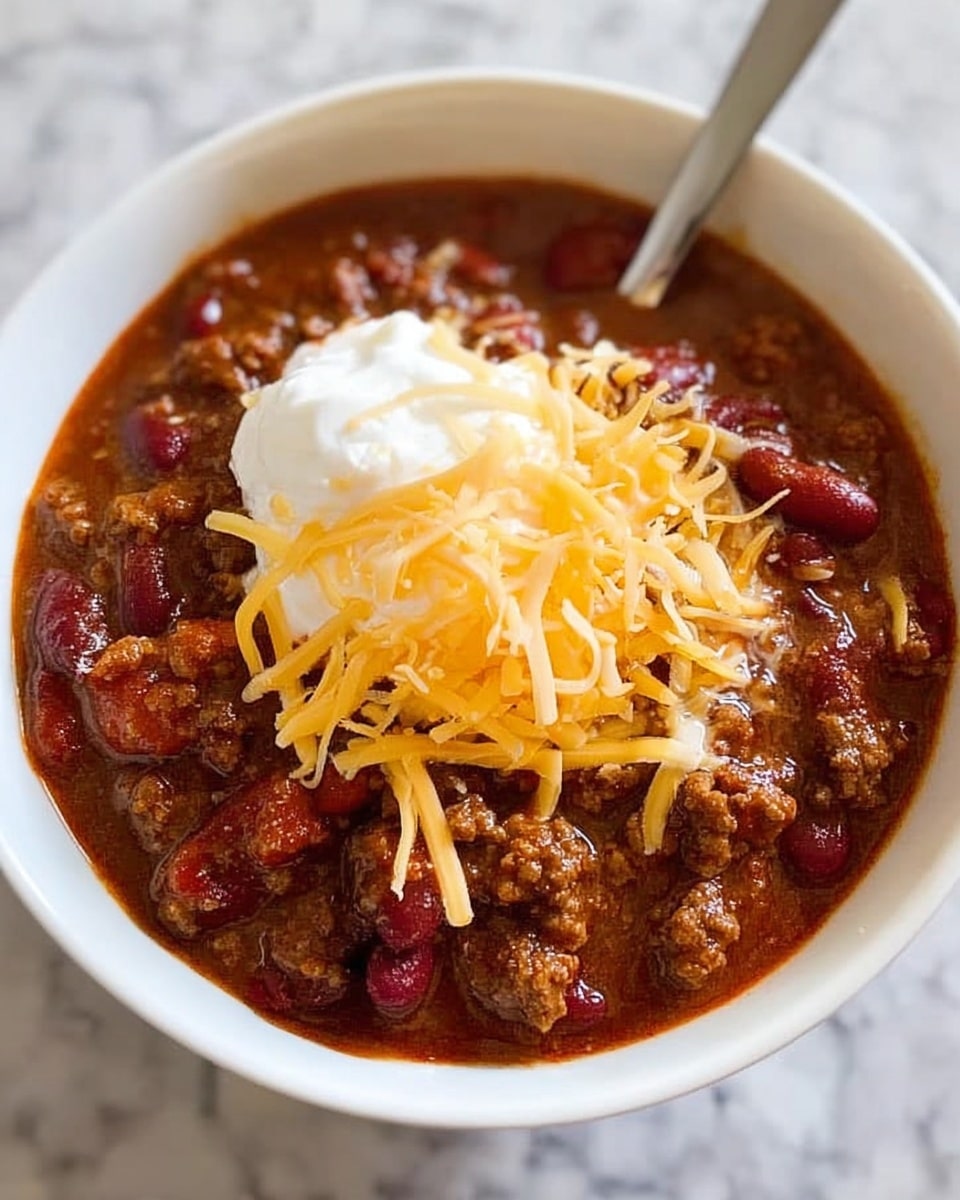 A white bowl filled with thick chili, showing red kidney beans and ground meat with a rich brown sauce. On top, there is a dollop of white sour cream and a pile of yellow shredded cheddar cheese. A spoon is placed inside the bowl, and the bowl is on a white marbled surface. photo taken with an iphone --ar 4:5 --v 7