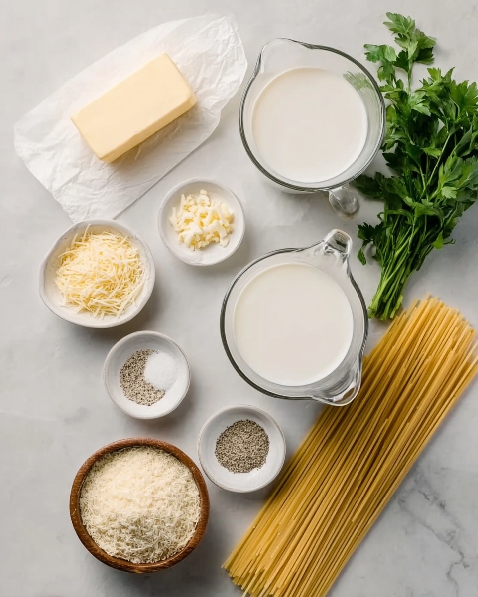 The image shows a top-down view of ingredients arranged neatly on a white marbled surface. There are two clear measuring cups filled with creamy white milk placed near the center, one above the other. On the left side, there is an opened stick of pale yellow butter resting on a small white paper wrapper. Near the top, several small white bowls contain different ingredients: finely grated cheese in light yellow, chopped garlic in off-white, and two bowls with white and black pepper powders. A small wooden bowl holds more grated cheese with a slightly granular texture. To the right, there are some uncooked pale yellow spaghetti strands lying flat on the surface. A bunch of fresh green parsley rests at the top right. The photo has a clean look with all items well spaced and the colors mostly soft and natural. photo taken with an iphone --ar 4:5 --v 7