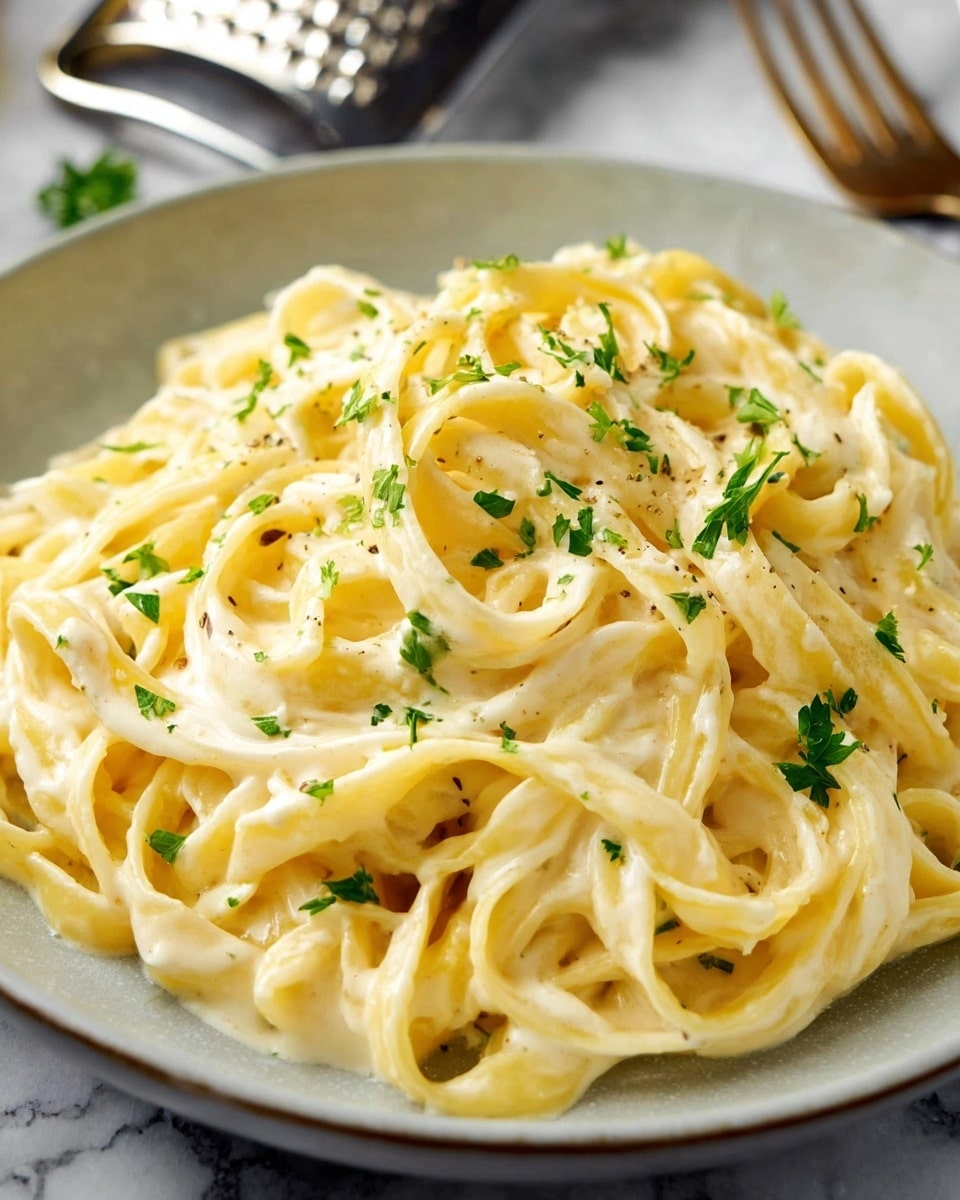 A close-up view of creamy fettuccine pasta served in a white shallow bowl, showing smooth and thick flat noodles coated in a rich, pale yellow sauce. The noodles appear soft and glossy, loosely twirled in layers, with small bits of bright green parsley sprinkled evenly on top. The background has a white marbled texture with a metal grater and some kitchen items blurred in the back. Photo taken with an iphone --ar 4:5 --v 7