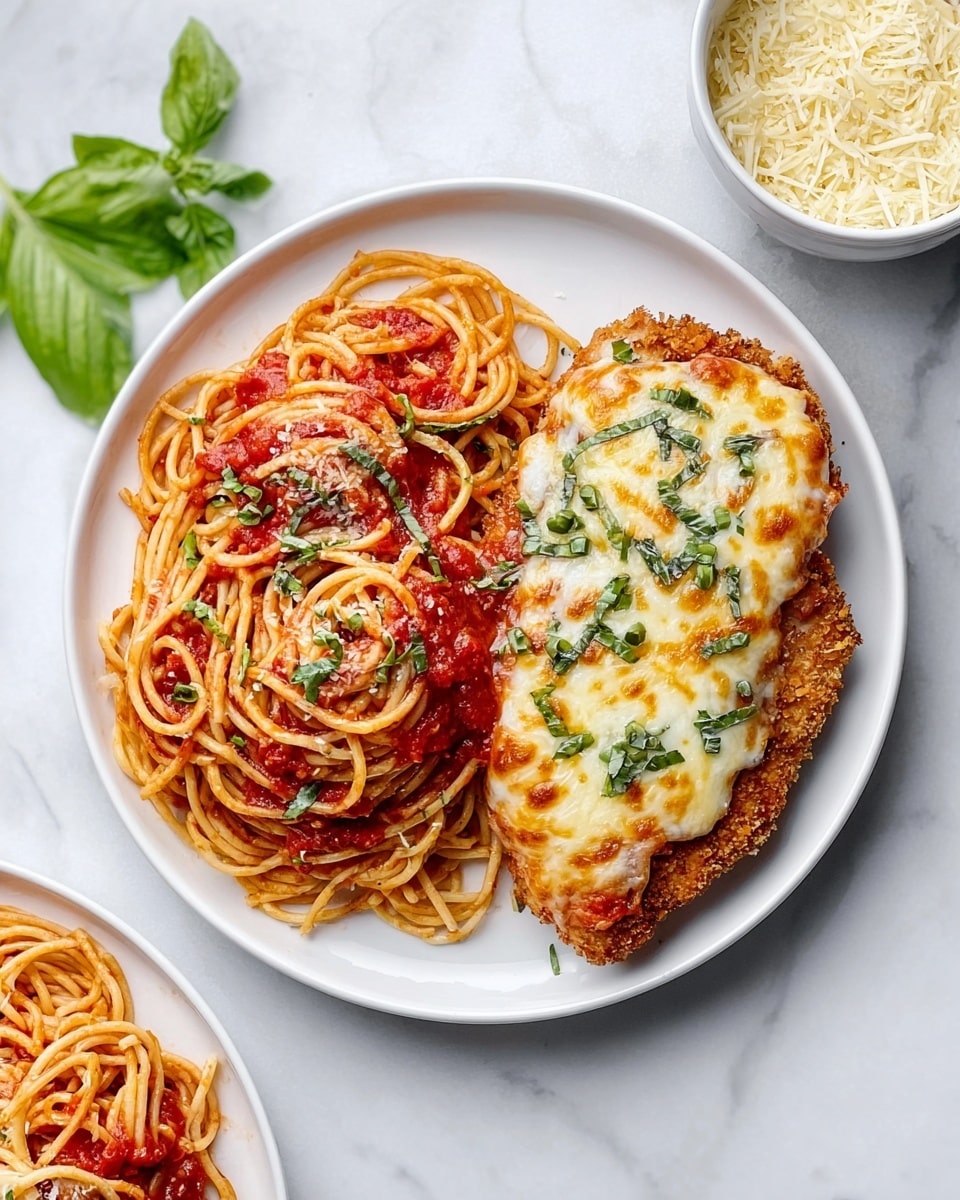 A round white plate sits on a white marbled surface, holding two main parts: on the left, a pile of spaghetti noodles coated in red tomato sauce with green basil bits sprinkled on top; on the right, a piece of breaded chicken covered in red tomato sauce and a thick melted layer of golden-browned cheese with green basil pieces scattered on it. Around the plate, there are green basil leaves and a small white bowl filled with grated cheese visible. The overall look is warm and inviting with vibrant reds, greens, and creamy cheese tones. photo taken with an iphone --ar 4:5 --v 7