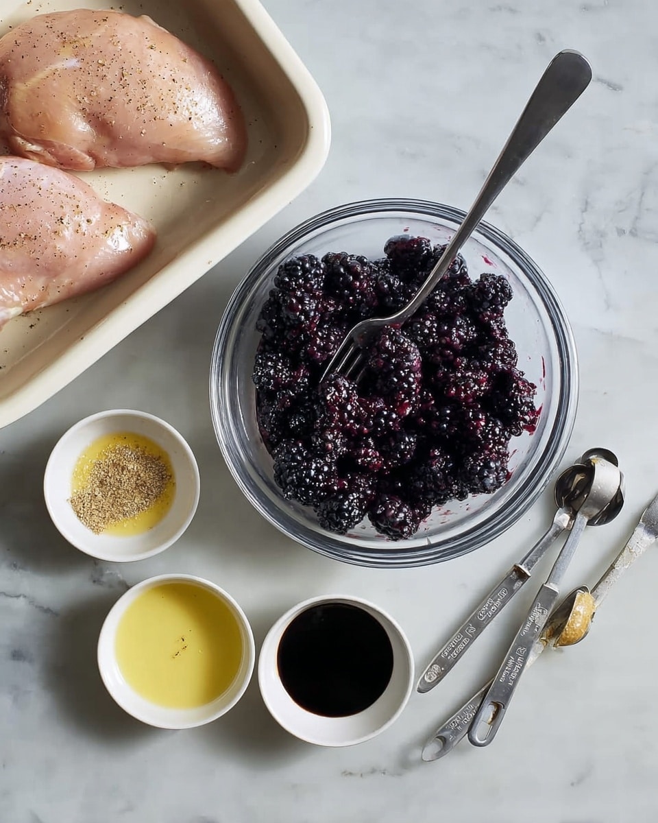 A cooking scene showing a glass bowl at the center filled with smashed dark purple blackberries, with a silver fork inside. Above it to the left is a white baking dish holding two pieces of raw pink chicken seasoned with pepper. To the right are small white bowls and silver measuring spoons lined up, containing layers of pale yellow oil, light brown mustard, minced garlic, and thick black balsamic vinegar, all set on a white marbled surface. photo taken with an iphone --ar 4:5 --v 7