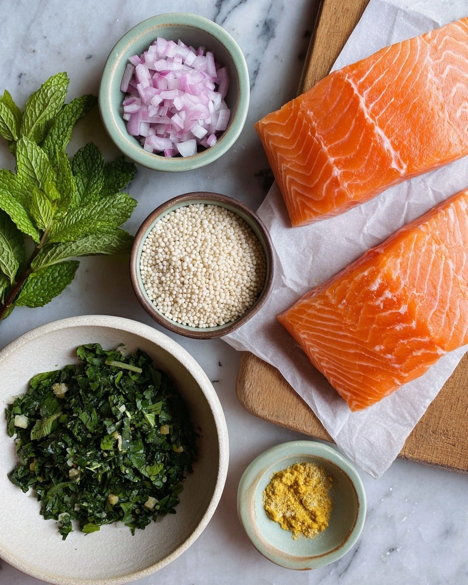 The image shows fresh ingredients arranged on a white marbled surface, ready to cook. There are two thick slices of bright orange salmon with visible light lines of fat, placed on white paper over a wooden board on the right side. Around the salmon, small bowls hold different items: one with small white round grains, another with finely chopped red onion, and two small bowls with ground spices one containing yellow powder, pepper, and salt, and the other filled with minced yellow ginger. At the bottom left, a large white bowl contains a mix of fresh green herbs, including whole mint leaves on top, alongside finely chopped green leafy herbs. Photo taken with an iphone --ar 4:5 --v 7