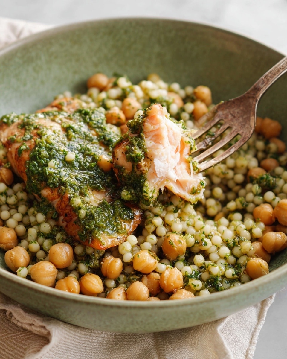 A green bowl filled with small beige round grains mixed with light brown chickpeas, all coated in a green herb sauce. On top of this mix is a piece of cooked pink fish covered with the same green sauce. A fork holds a section of the fish, showing its soft texture. The bowl sits on a white marbled surface with a cream cloth in the background. photo taken with an iphone --ar 4:5 --v 7