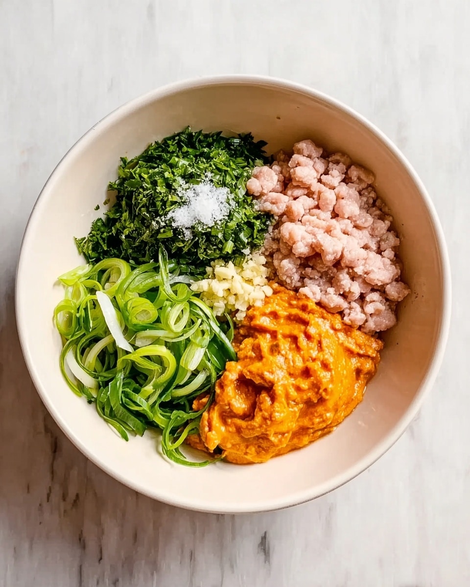 A white bowl contains five distinct layers arranged around each other. The top left section has a pile of chopped green herbs with a small amount of white salt on top. Next to it, on the top right, is a layer of pale pink ground meat with a soft texture. Below the meat is a thick orange sauce or paste that looks smooth and dense. At the bottom left is a layer of sliced green onions, with vibrant green and white colors. In the center, there is a small amount of light beige minced garlic placed between the orange sauce and the pink meat. The bowl sits on a white marbled surface. Photo taken with an iphone --ar 4:5 --v 7