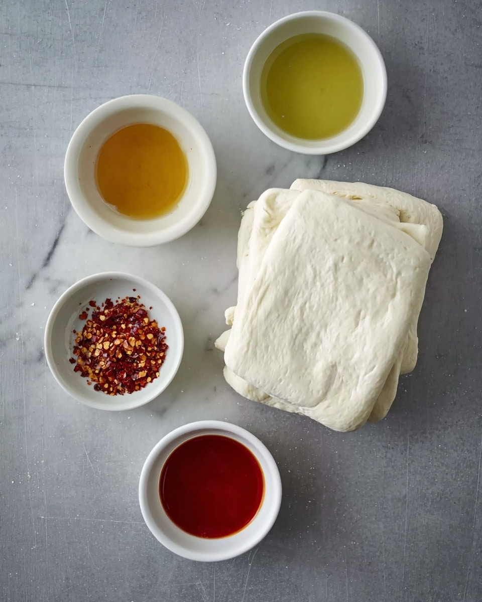 The image shows a white marbled surface with a stack of folded white dough placed at the bottom center. Above the dough are three small white bowls arranged in a loose triangle; the top left bowl holds a golden-yellow liquid, the top right bowl contains a pale yellow-green liquid, and the bottom right bowl is filled with a bright red liquid. To the left of the dough is a smaller white bowl filled with red chili flakes. Photo taken with an iphone --ar 4:5 --v 7