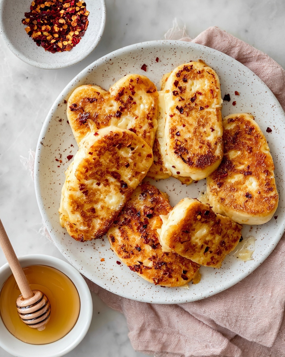 Hot Honey Halloumi Recipe 5 The image shows a white speckled plate filled with six golden-brown grilled cheese pieces, each with a slightly uneven oval shape and a textured surface with small red chili flakes scattered on top. The cheese pieces have a crispy, browned outer layer with patches of lighter creamy cheese underneath. At the bottom left corner, a white bowl contains golden honey with a wooden honey dipper resting inside. Above it, another white bowl holds red chili flakes. The plate is on a soft light pink cloth, all set on a white marbled surface. Photo taken with an iphone --ar 4:5 --v 7