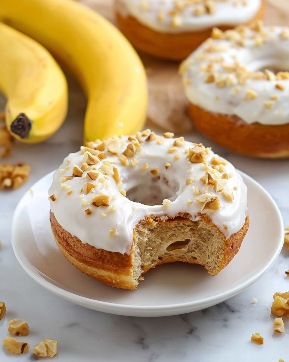 Two banana-shaped yellow fruits are in the background on a white marbled surface, behind a white plate holding a two-layer doughnut with a bite taken out of its top layer. The bottom layer is light brown with a soft, slightly bumpy texture. The top layer is covered with smooth white icing and sprinkled with small, uneven pieces of light tan nuts. There are more doughnuts with white icing and nuts around the main plate. Photo taken with an iphone --ar 4:5 --v 7