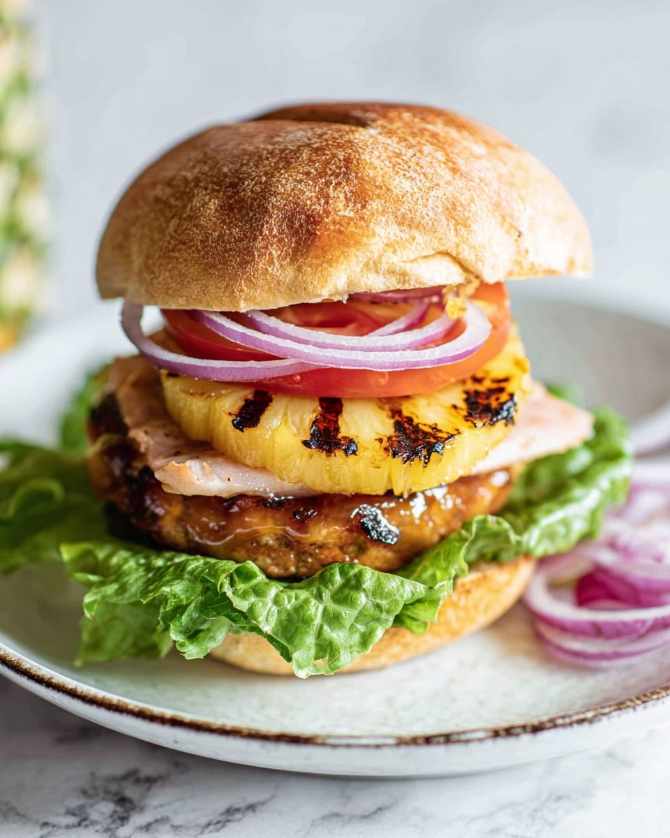 The image shows a layered burger placed on a white plate with a slightly rustic edge, set on a white marbled surface. The bottom layer is a fresh green lettuce leaf, topped by a juicy grilled patty glazed with a shiny sauce. Above the patty is a slice of light pink grilled meat. Next comes a grilled pineapple ring with clear char marks, followed by a round red tomato slice and thin rings of red onion. The top layer is a golden-brown, crusty bun with a slightly rough texture and a split in the middle. There are additional red onion rings placed beside the burger on the plate. Photo taken with an iphone --ar 4:5 --v 7