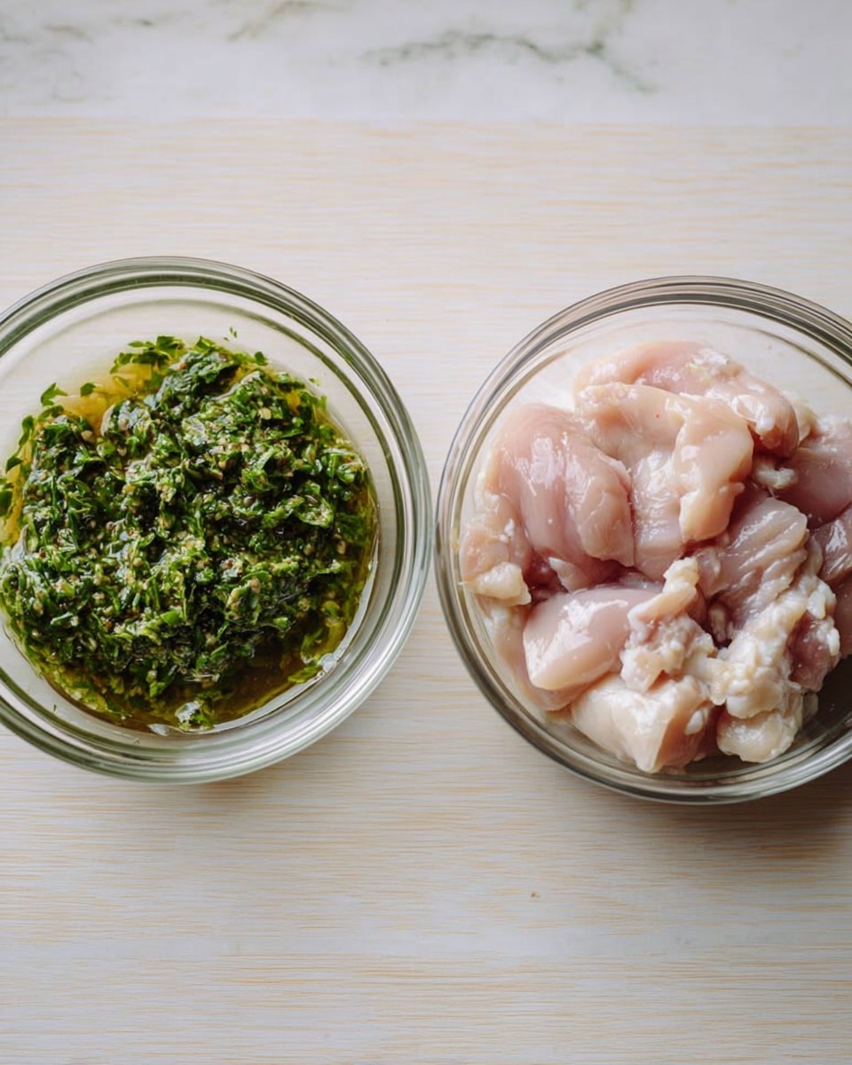 Two clear glass bowls sit side by side on a white marbled surface. The bowl on the left holds a green herb mix with visible chopped leaves and a shiny, wet texture suggesting oil. The bowl on the right contains raw chicken pieces with a pale pink color and small patches of white fat. Both bowls are simple and round, showing the contents clearly. photo taken with an iphone --ar 4:5 --v 7