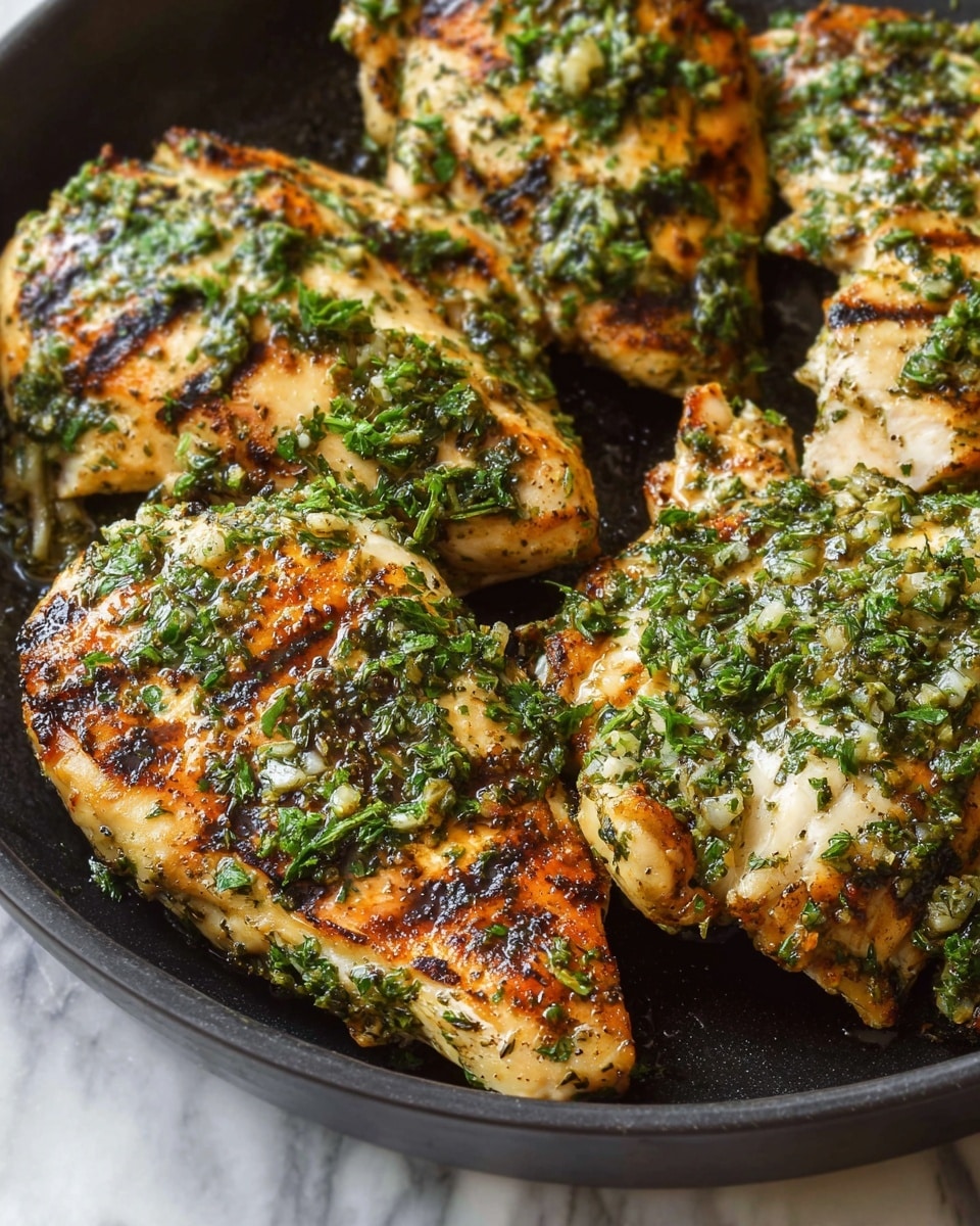 The image shows several pieces of grilled chicken on a pan, each piece having a golden-brown color with grill marks and seasoned with a green herb mixture. The herbs are finely chopped and appear fresh, covering the top of the chicken pieces evenly, giving them a textured look. The chicken pieces have a slightly shiny glaze from the herb dressing, with bits of garlic and pepper visible in the mixture. The pan appears black with a matte finish, and the background is a white marbled surface. photo taken with an iphone --ar 4:5 --v 7