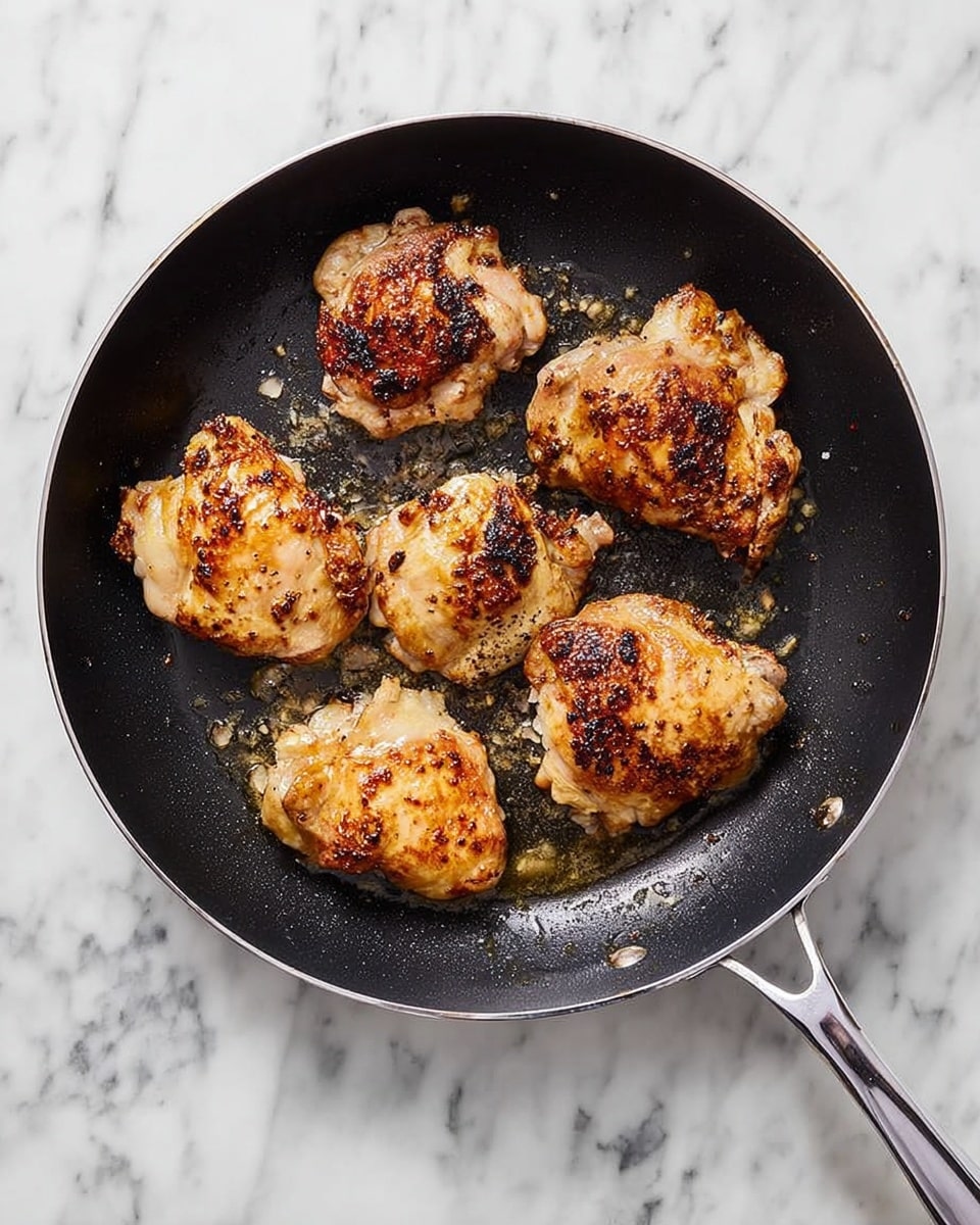 The image shows a black frying pan with a silver handle sitting on a white marbled surface. Inside the pan, there are five pieces of cooked chicken thighs with golden-brown, slightly crispy skin and some darker, charred spots. The chicken pieces are arranged in a loose circle, with some oil and small cooked bits scattered in the pan. The background is plain with a white marbled texture, giving a clean and bright look. photo taken with an iphone --ar 4:5 --v 7