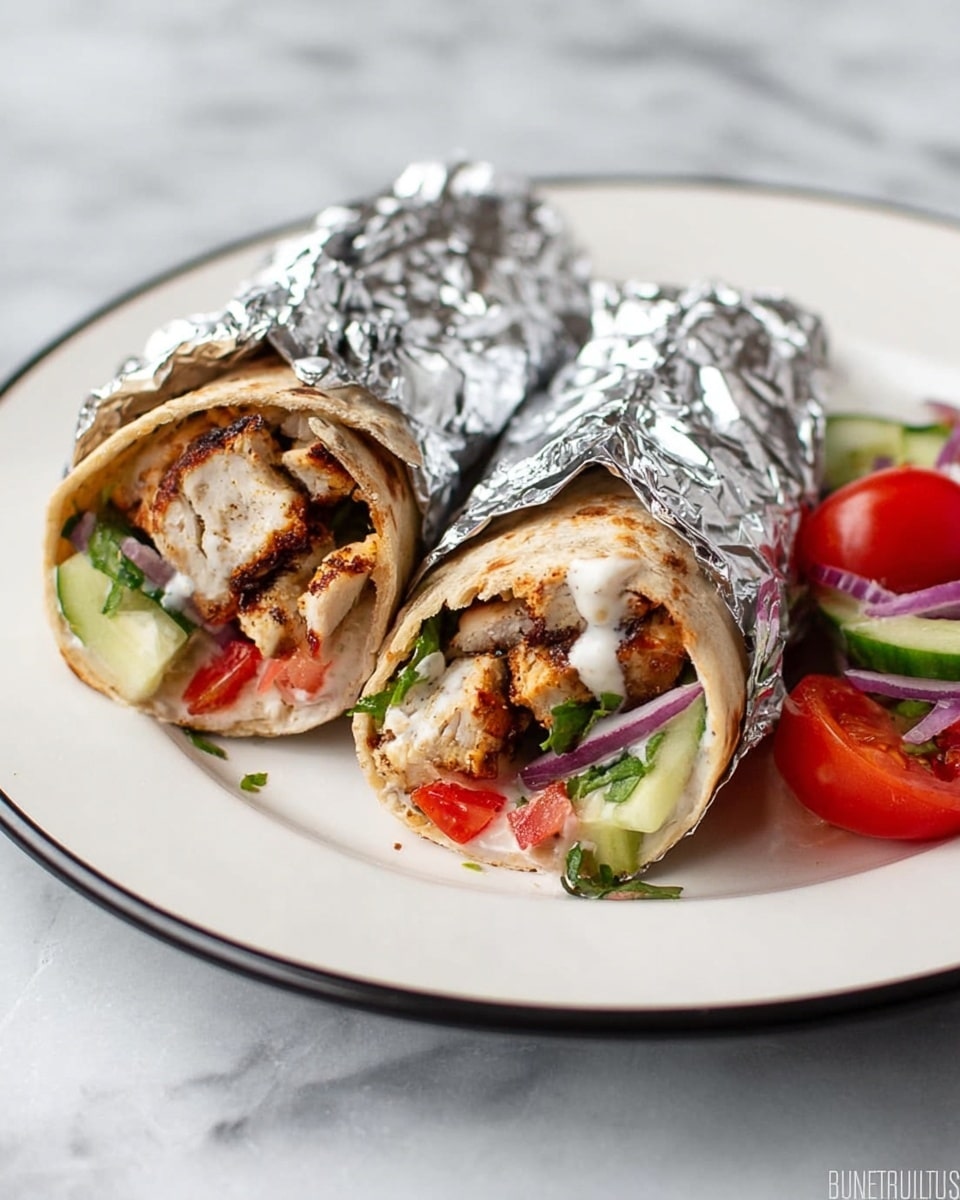 The image shows two foil-wrapped wraps cut in half, placed side by side on a white plate with a black rim, sitting on a white marbled surface. Each wrap has three visible layers from the inside out: a creamy white sauce dripping over grilled brown chicken pieces, bright red tomato chunks, and light green cucumber slices, all held together by a lightly toasted beige flatbread. On the right side of the plate, there is a small salad made of halved red cherry tomatoes, thin purple onion slices, and green cucumber pieces. The overall colors are warm and fresh, with the shiny silver foil reflecting light. Photo taken with an iphone --ar 4:5 --v 7