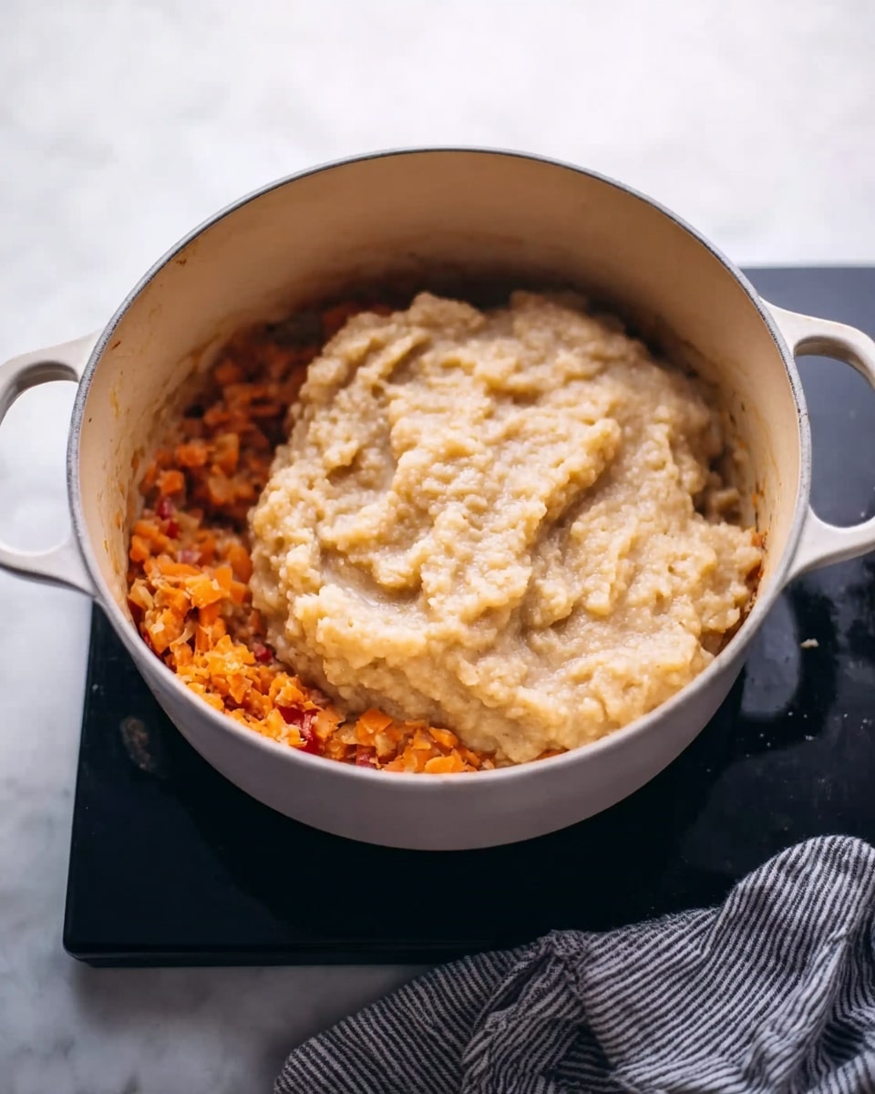 A white pot with two visible layers inside sits on a black stovetop with a white marbled background; the bottom layer is finely chopped orange and light brown vegetables that look soft and cooked, while the top layer is a thick, pale beige mixture with a creamy texture, spread unevenly over the vegetables. A striped gray cloth is placed nearby. Photo taken with an iphone --ar 4:5 --v 7