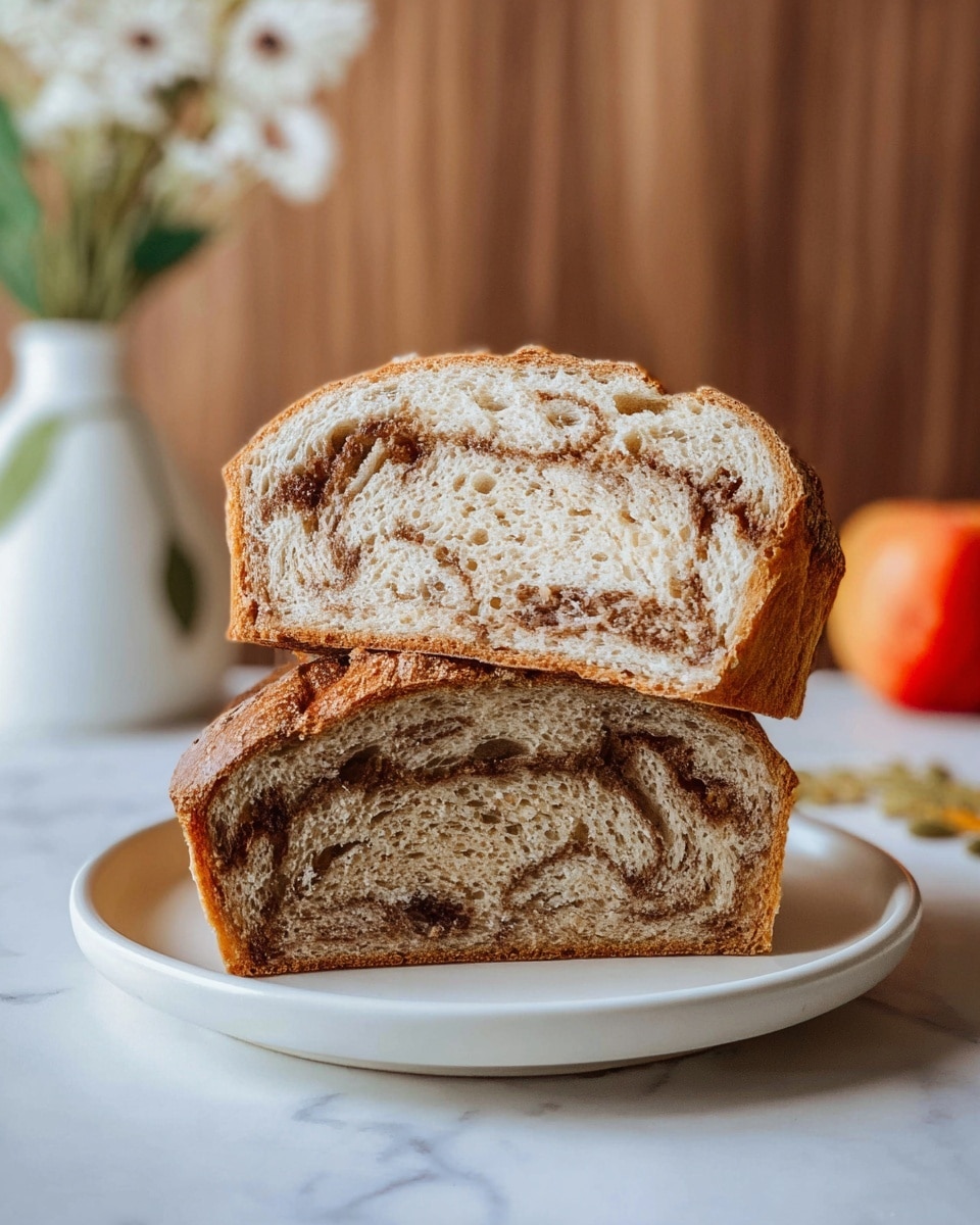 Two thick slices of bread sit vertically on a white plate, showing a light brown crust with a textured, crumbly surface. The inside is soft with a mix of beige and darker brown swirls, creating a marbled effect. The plate rests on a white marbled surface, and in the blurry background, white flowers in a small white vase and an apple can be seen against a wood-textured backdrop. photo taken with an iphone --ar 4:5 --v 7