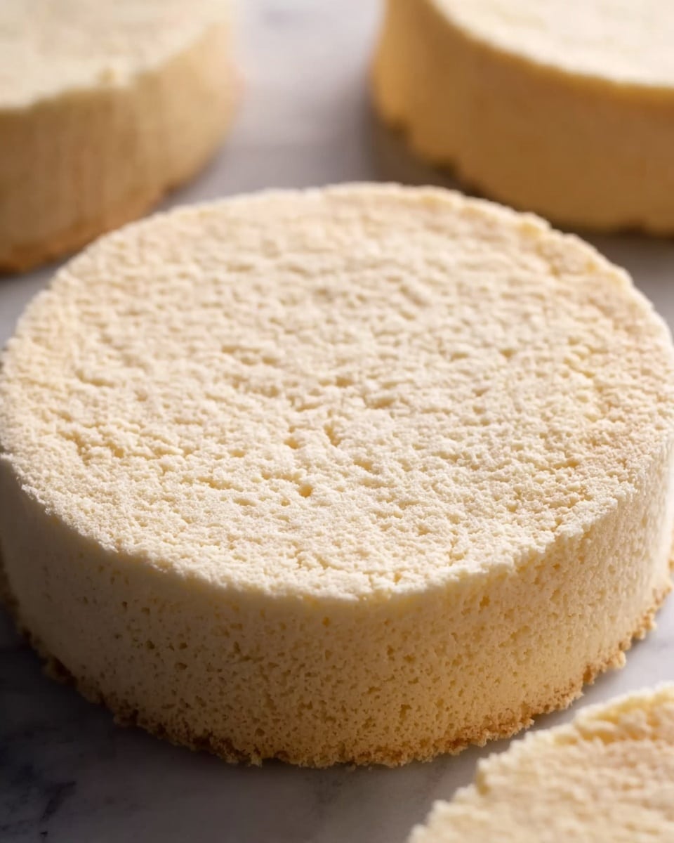 The image shows a close-up view of a single round cake layer with a light beige color and a soft, porous texture. The cake layer fills most of the frame, with two other similar cake layers partially visible in the background. All layers have a smooth top surface and slightly crumbly edges, placed on a flat surface with a white marbled texture. The lighting highlights the fine crumb and gentle softness of the cake layer photo taken with an iphone --ar 4:5 --v 7