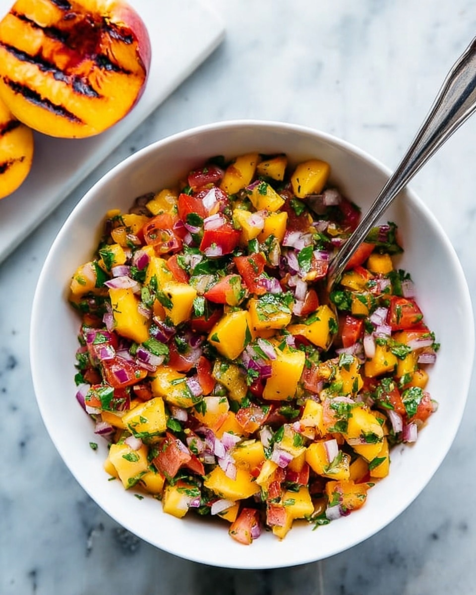A white bowl filled with colorful salsa made of small diced yellow mango pieces, red tomato chunks, finely chopped red onion, and green herbs mixed evenly throughout. A silver spoon rests inside the bowl, slightly submerged in the salsa. Next to the bowl, a halved grilled peach with char marks is visible on a white marbled surface. The overall scene is bright and fresh, highlighting the mix of vibrant colors and textures of the salsa ingredients photo taken with an iphone --ar 4:5 --v 7
