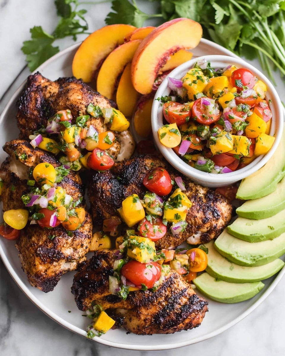 A white plate is filled with five grilled chicken pieces, each with dark char marks and a slightly crispy texture. On top of the chicken, there is a colorful salsa made of bright yellow peach slices, halved red cherry tomatoes, small pieces of purple onion, and green chopped herbs scattered evenly. To the side of the plate, there are slices of avocado and peach arranged neatly. A small white bowl on the plate contains more of the peach tomato salsa, bringing extra color and freshness to the dish. The plate is set on a white marbled textured surface with some green cilantro leaves placed in the background. Photo taken with an iphone --ar 4:5 --v 7