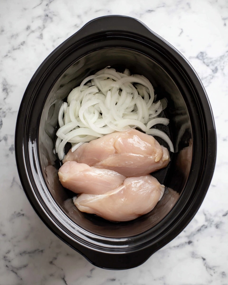 Two pictures show a black slow cooker on a white marbled surface. The first picture has a single layer of thinly sliced white onions spread inside the cooker. The second picture has three pieces of raw, pale pink chicken placed on top of the onions in the cooker. Each piece is smooth and shiny, filling the bottom of the cooker. The cooker is round with a small handle on one side. photo taken with an iphone --ar 4:5 --v 7