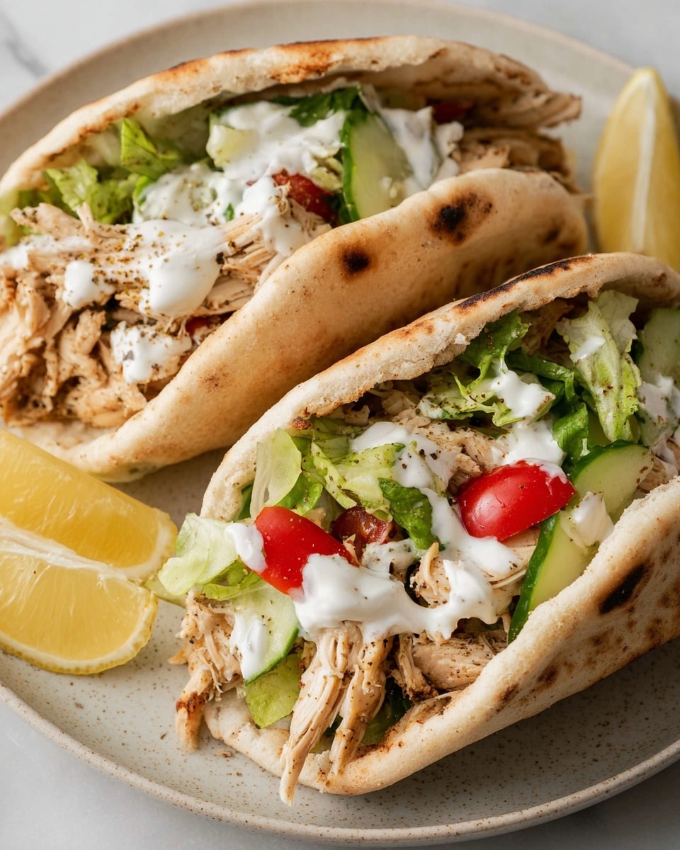 Two pita pockets are filled with shredded light brown chicken, bright green lettuce, red tomato pieces, and green cucumber slices. White creamy sauce is drizzled over the fillings inside each pita, which are light tan with brown spots and slightly charred marks. The pitas are placed on a white plate with a lemon wedge on the side, all set on a white marbled surface. photo taken with an iphone --ar 4:5 --v 7
