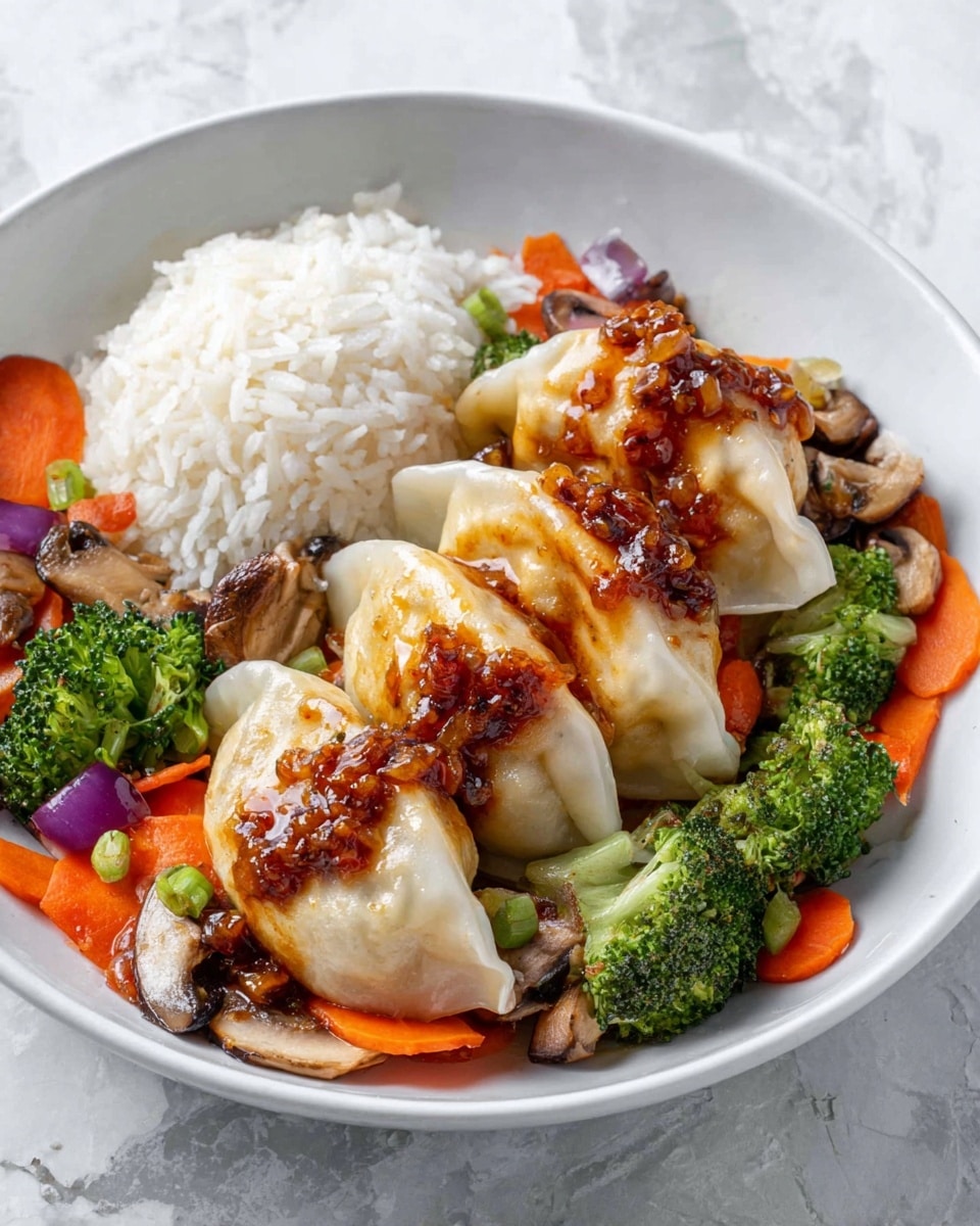 A white bowl resting on a white marbled surface holds three dumplings placed diagonally in the center, each topped with a chunky brown sauce. On the left side of the bowl, there is a neat mound of white rice. Around and beneath the dumplings, there is a mixture of bright orange carrot slices, green broccoli florets, purple onion pieces, and brown mushrooms, all creating a colorful vegetable base. The textures contrast from the smooth rice and soft dumplings to the crisp vegetables. photo taken with an iphone --ar 4:5 --v 7