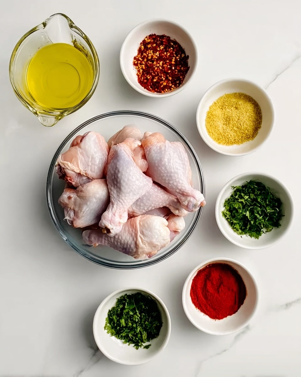 The image shows a white marbled surface with a clear glass bowl full of raw chicken legs placed at the bottom center. Above the bowl, seven small white bowls are neatly arranged in a loose circular pattern. These bowls contain various ingredients: bright yellow olive oil in a clear measuring cup at the top left, crushed red pepper flakes in the top middle bowl, ground black pepper in the top right bowl, grated yellow garlic on the middle right, finely chopped green parsley on the middle left and bottom right bowls, and bright red paprika powder on the bottom left. A woman's hand holds one of the bowls at the center. photo taken with an iphone --ar 4:5 --v 7