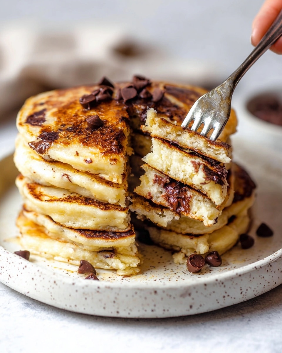 A stack of five thick pancakes sits on a white plate with small speckles, placed on a white marbled surface. The pancakes have a golden-brown color with darker caramelized spots and visible chocolate chips melted inside, showing a soft, fluffy texture. The top pancake is decorated with several whole chocolate chips, adding a rich dark brown contrast. A woman's hand holds a silver fork, lifting a fluffy piece from the side of the stack, revealing the soft layers and melted chocolate inside. photo taken with an iphone --ar 4:5 --v 7