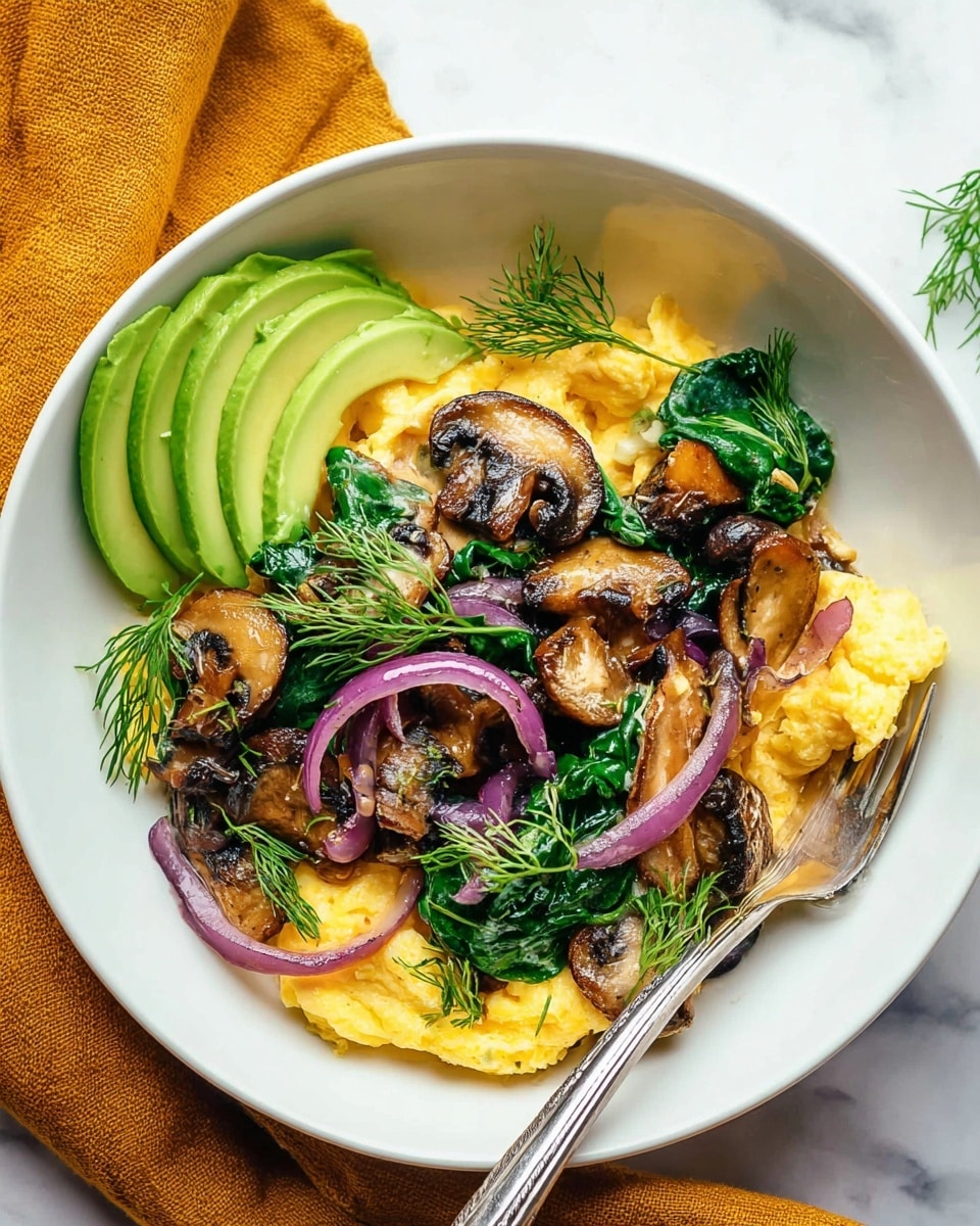 The dish is served in a white bowl filled with three main layers: soft, fluffy scrambled eggs with a light yellow color form the base; on top, there are sautéed dark brown mushrooms and bright green wilted spinach leaves, along with thin slices of purple-red onions. On one side of the bowl, there are neatly arranged slices of pale green avocado. Small sprigs of fresh dill with feathery green leaves are scattered on top as garnish. A shiny fork rests on the edge of the bowl, and the bowl sits on a white marbled surface with a mustard-yellow cloth partially visible underneath. photo taken with an iphone --ar 4:5 --v 7