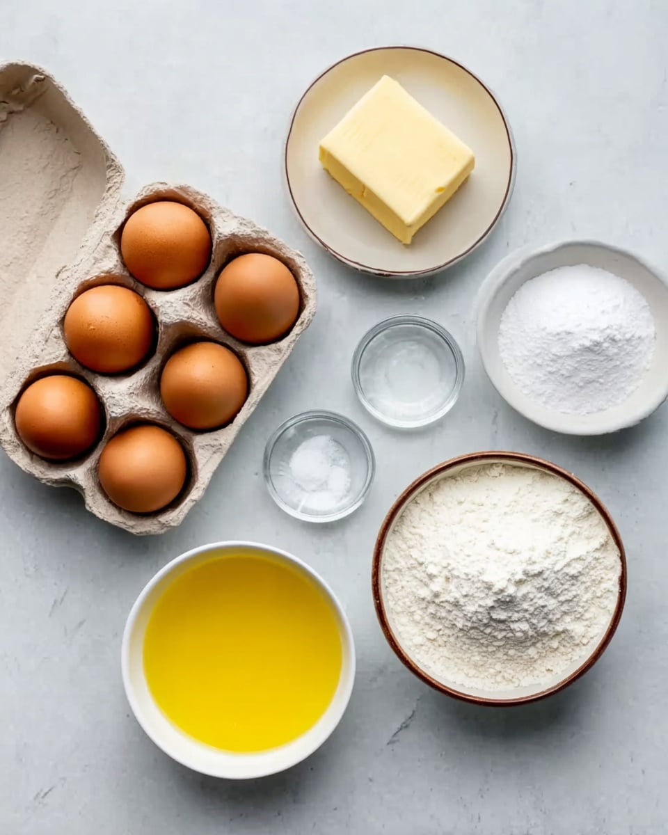 The image shows several baking ingredients placed neatly on a white marbled surface. On the left is a cardboard carton with four brown eggs, one of which is partially hidden. Next to it, a small white bowl holds a block of butter. Above the butter is a white bowl filled with yellow melted butter or oil. To the right of that, a white bowl is filled with white flour. Above the flour, there is a brown-rimmed white bowl containing white powdered sugar. Between the eggs and the butter, two tiny white bowls hold salt and clear water. All items are spaced evenly and viewed from above. photo taken with an iphone --ar 4:5 --v 7