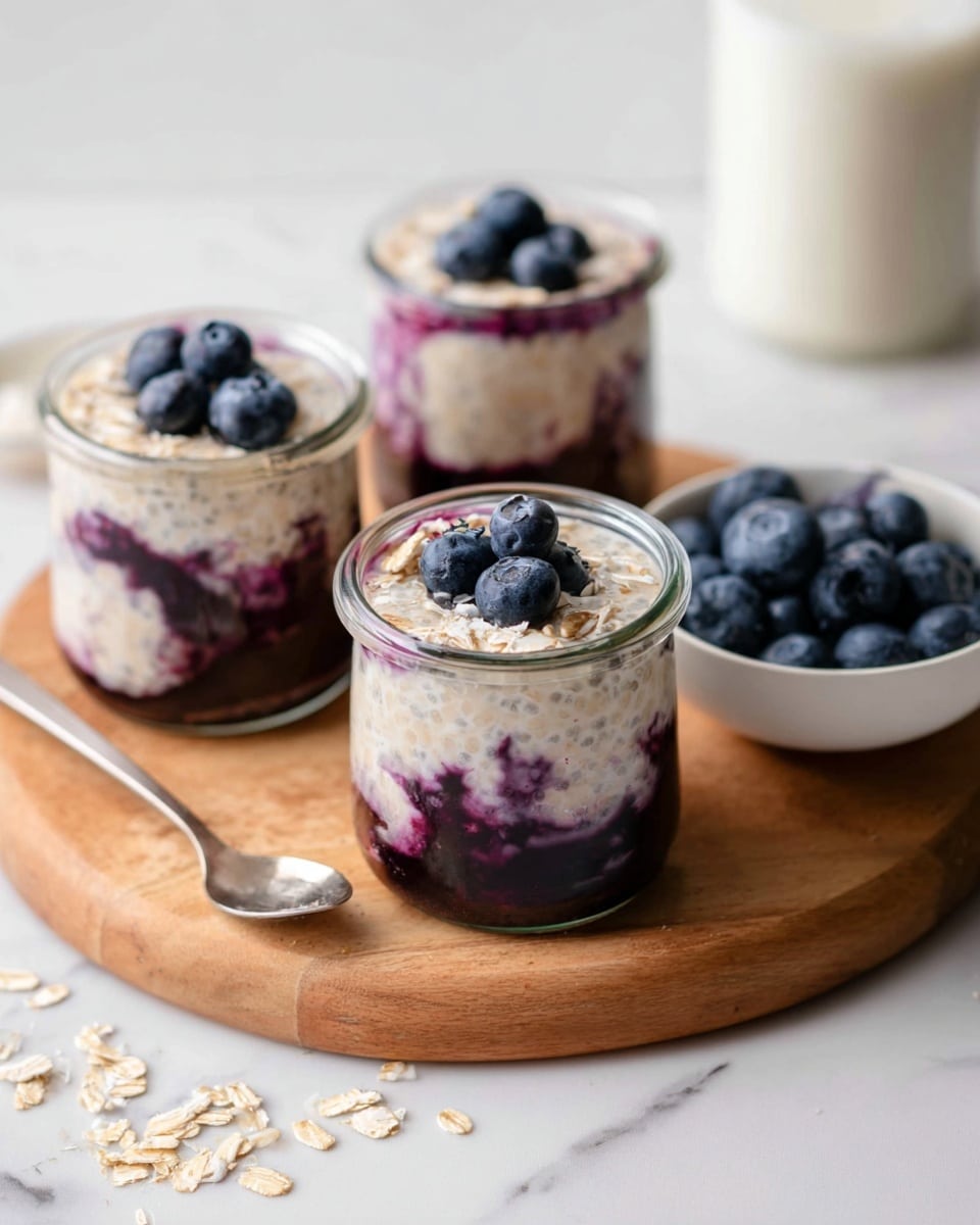 The image shows three small clear glass jars filled with a layered dessert. At the bottom of each jar is a dark purple layer of blueberry jam or compote, followed by a creamy off-white chia pudding mixed with oats that has some purple streaks from the blueberry layer below. The jars are topped with a few fresh blueberries. The jars sit on a round wooden board placed on a white marbled surface. Near the board, there is a small white bowl filled with fresh blueberries and scattered oat flakes on the surface. In the background, there is a small glass jar of white milk. The photo taken with an iphone --ar 4:5 --v 7
