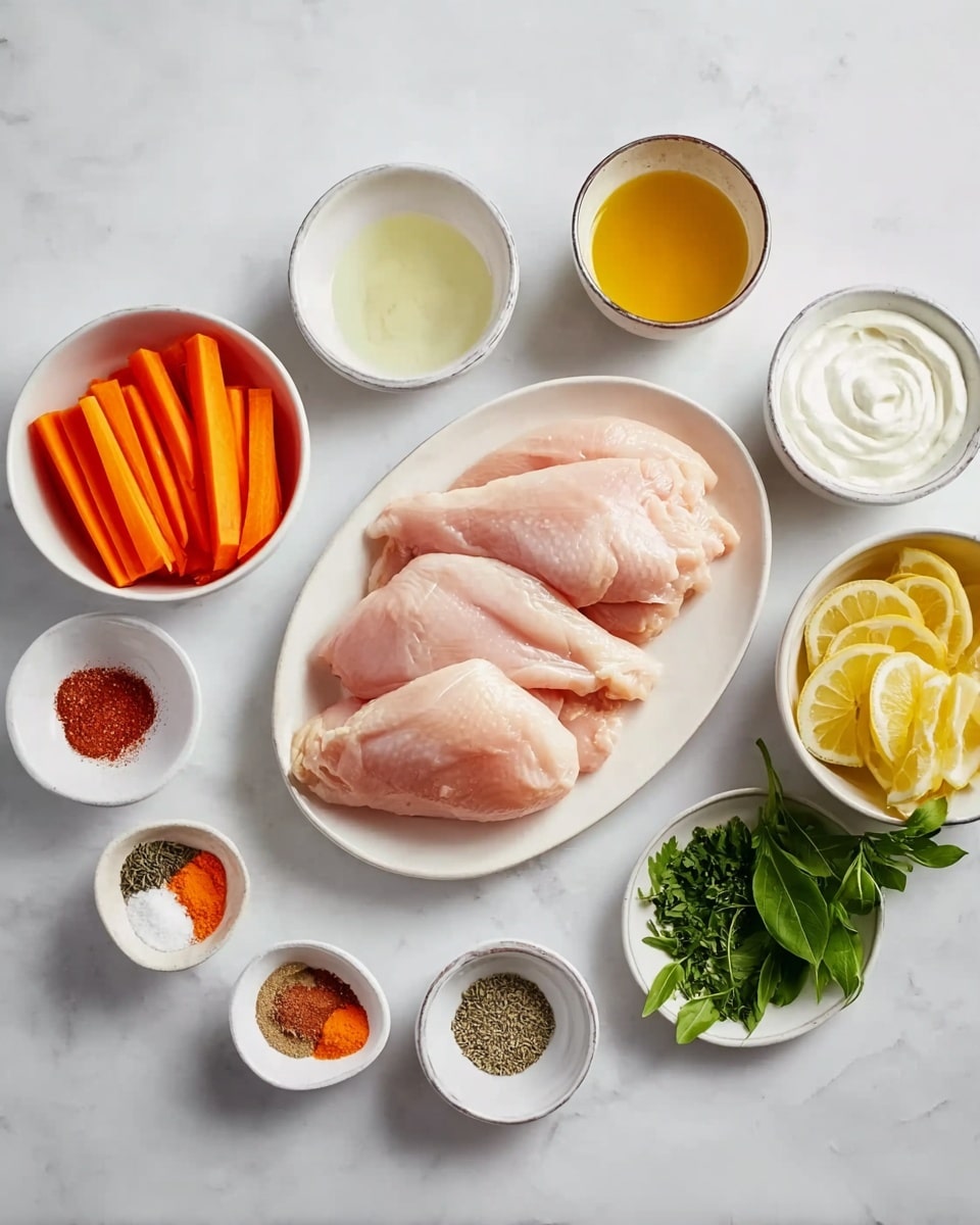 The image shows a white oval plate in the center with three pieces of raw chicken, pale pink in color and smooth in texture. Around the plate, arranged neatly on a white marbled surface, are small white bowls containing various ingredients: bright orange carrot sticks in one bowl, thick white creamy yogurt in another, light yellow oil in a small bowl, and slices of lemon stacked in a white bowl. There are also tiny bowls with spices including red powder, black pepper, salt, a light brown powder, and green herbs. Some fresh green leaves are placed in a bowl on the side. The setup is clean and organized, showing the ingredients clearly. photo taken with an iphone --ar 4:5 --v 7