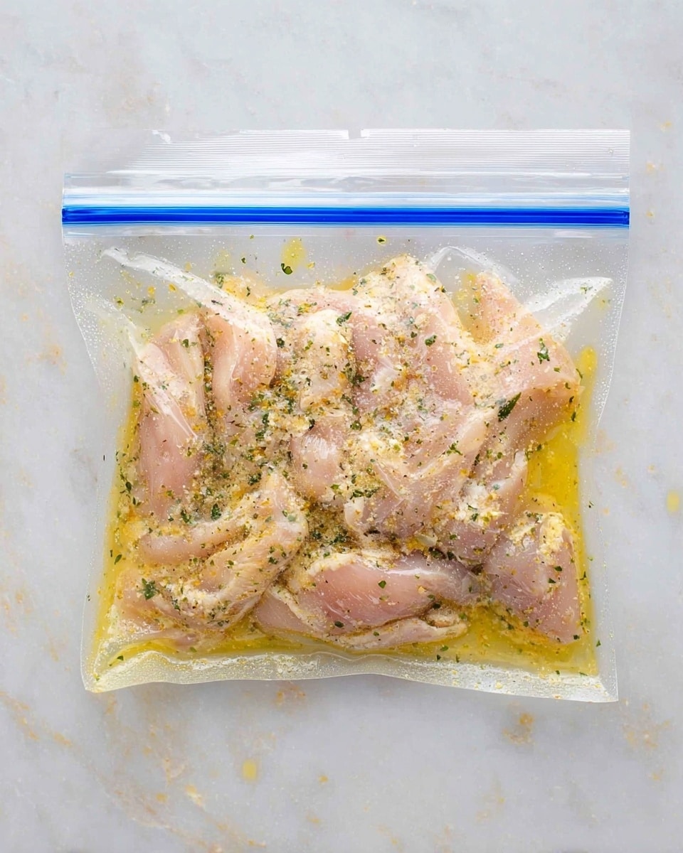 A clear plastic zip-lock bag filled with raw light pink chicken slices, mixed with small green herb pieces and coated in a light yellow marinade with visible oil and seasoning. The bag is lying flat on a white marbled surface with some small droplets of marinade surrounding it. The chicken pieces are layered unevenly inside the bag, and the top sealing strip is blue. photo taken with an iphone --ar 4:5 --v 7