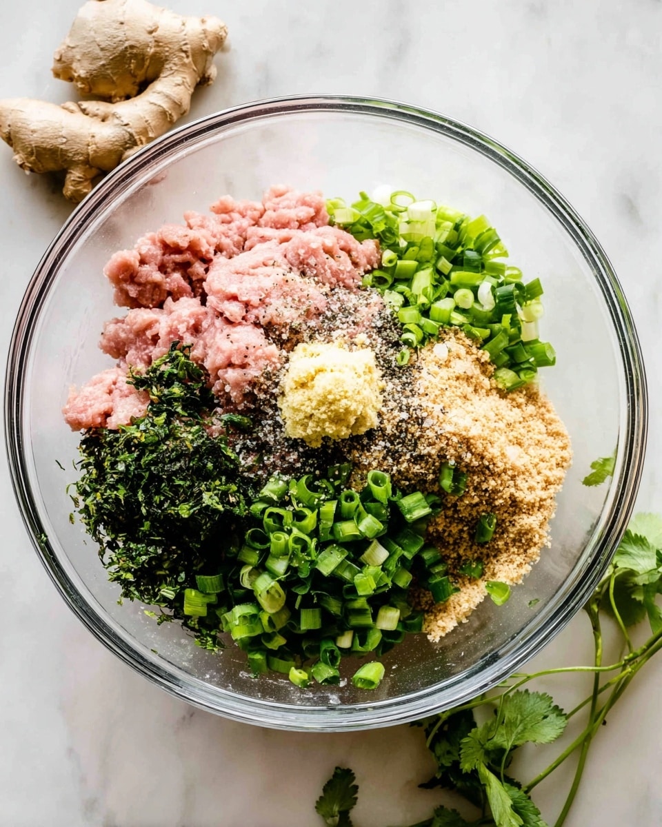A clear glass bowl on a white marbled surface holds several distinct layers of ingredients ready to be mixed. On the left side, there is a large portion of light pink ground meat, next to it toward the bottom left is a pile of finely chopped dark green herbs. At the upper right side of the bowl, bright green chopped spring onions are spread out, while below them to the bottom right, a layer of light tan breadcrumbs or ground nuts sits quietly. In the center, there is a dollop of pale yellow mustard, lightly sprinkled with black pepper and salt, creating a speckled effect over the ingredients. Some fresh ginger roots and green herbs are seen near the bowl on the white marbled surface. Photo taken with an iphone --ar 4:5 --v 7