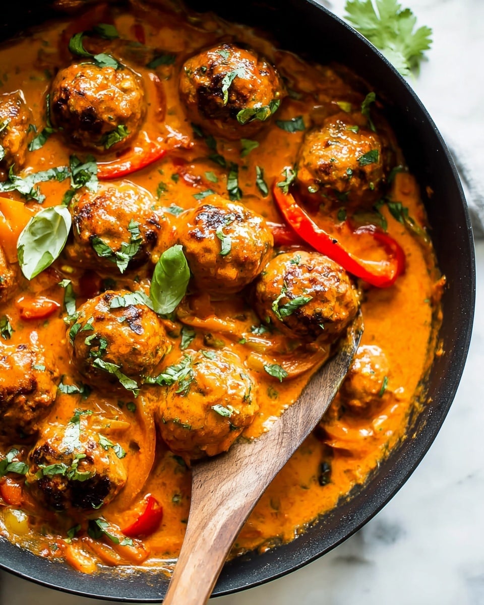 The image shows a black pan filled with about nine meatballs covered in a thick orange sauce with a smooth and creamy texture. The sauce contains long strips of red, yellow, and orange bell peppers and small pieces of onion scattered throughout. Fresh green herbs, such as basil leaves and cilantro, are sprinkled on top of the meatballs and sauce, adding a pop of color. A wooden spoon rests inside the pan, partially submerged in the sauce. The pan is set on a white marbled textured surface. Photo taken with an iphone --ar 4:5 --v 7