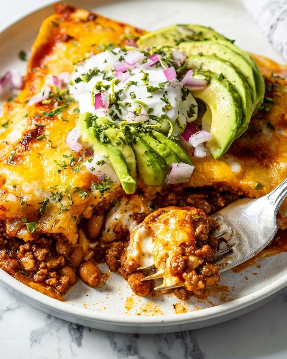 A white plate on a white marbled surface holds a cheesy enchilada with three visible layers: a soft, light brown tortilla on the bottom, a rich, savory mix of brown cooked ground meat and beans in the middle, and a melted, golden-yellow cheese layer on top with browned spots. The dish is topped with bright green sliced avocado, a dollop of white sour cream, and sprinkled with small purple onion pieces and green chopped herbs. A silver fork lifts a piece revealing creamy white cheese inside the enchilada. Photo taken with an iphone --ar 4:5 --v 7