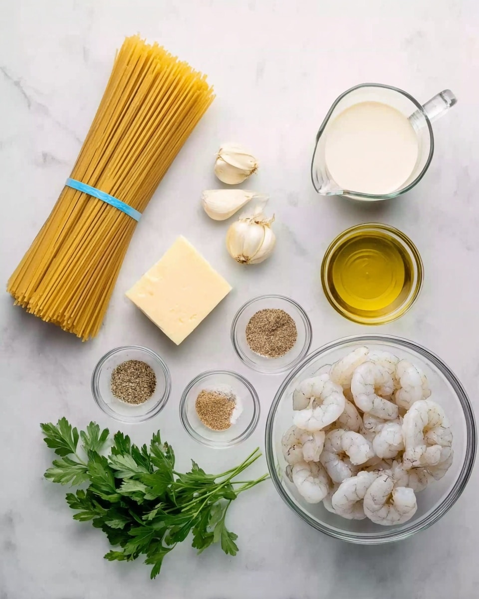 The image shows a white marbled surface with several ingredients arranged neatly: on the left, a bundle of uncooked spaghetti with a blue band, next to a glass pitcher filled with cream, below that a small glass bowl holding a square of pale yellow butter, a wedge of hard cheese with a light yellow color and textured rind below, two small glass bowls with light brown seasoning and a mix of salt and pepper, a small glass bowl filled with clear golden olive oil above, two peeled garlic cloves, a bunch of green fresh parsley, and a large clear glass bowl filled with raw peeled shrimp that are white with light grayish spots. Photo taken with an iphone --ar 4:5 --v 7