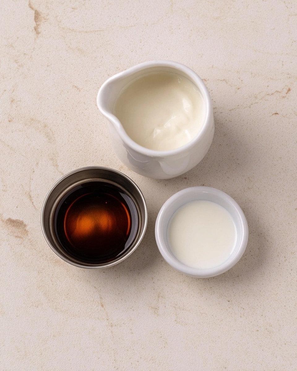 The image shows three small containers placed on a white marbled surface. The top container is a white ceramic jug filled with a thick, white liquid. To its right and slightly below is a small white metal bowl with a smooth, white liquid inside. Below these two, there is another small white metal bowl filled with a dark brown, clear liquid. The arrangement forms a rough triangle with the different liquids clearly visible by their colors and textures. photo taken with an iphone --ar 4:5 --v 7