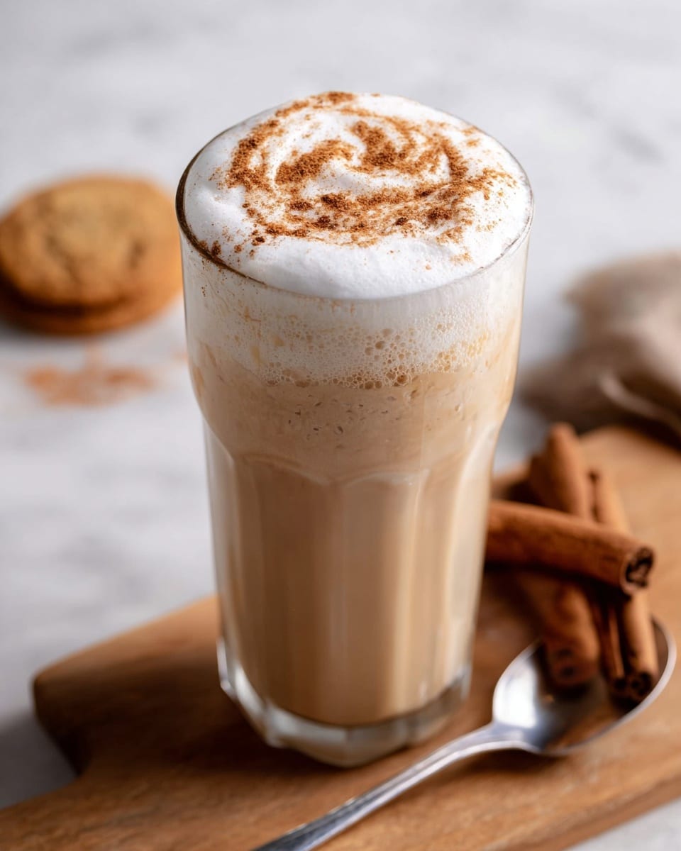 A tall clear glass filled with a light brown creamy drink topped with a thick white foam layer sprinkled with fine brown cinnamon powder in a swirl pattern; a metal spoon lifts some of the foam on the right side of the glass; the glass sits on a wooden board with cinnamon sticks and a brown cookie blurred in the background, all on a white marbled surface. photo taken with an iphone --ar 4:5 --v 7