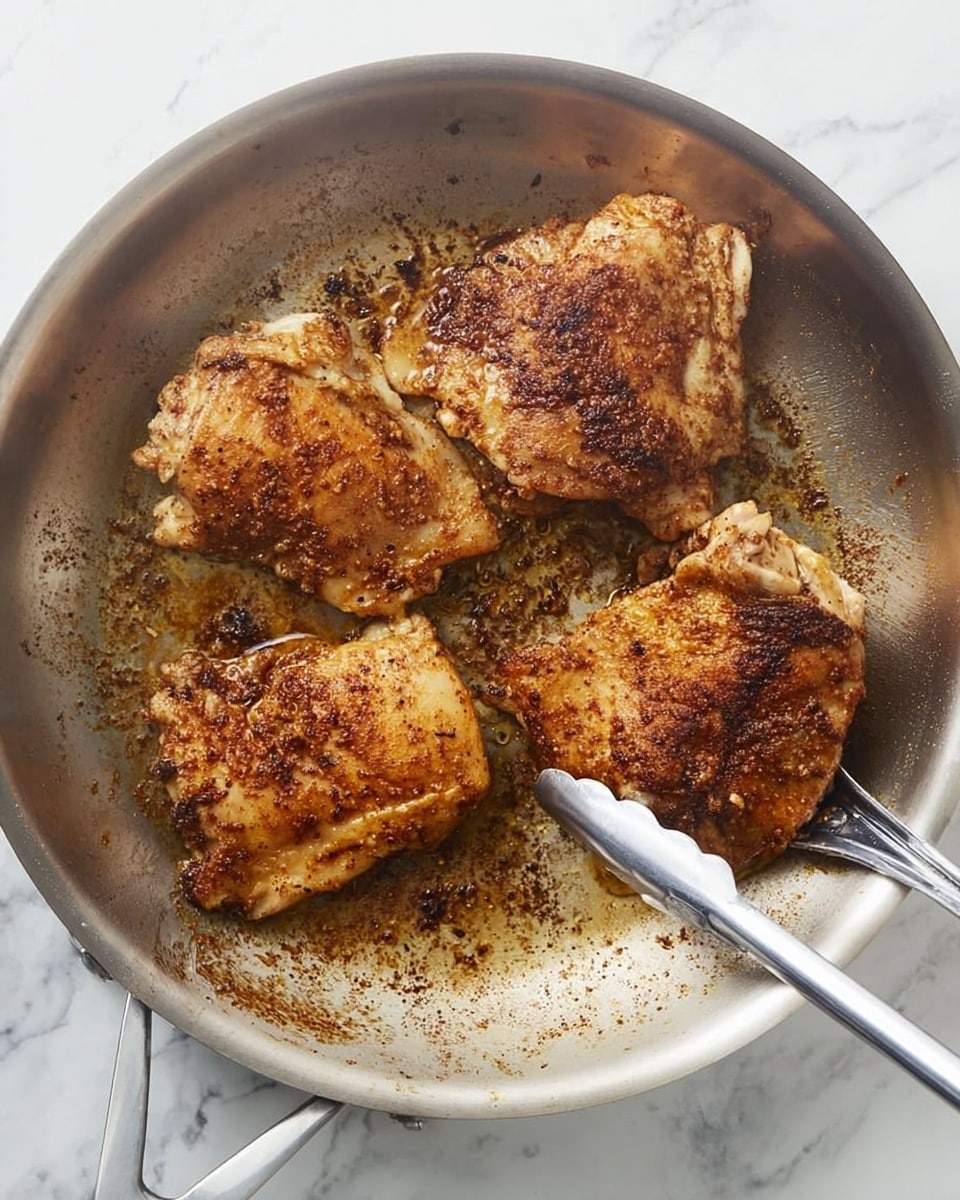 A close-up top view of a metal pan with four cooked chicken thighs in it. The chicken pieces have a golden brown color with a slightly rough texture from the spice rub. The pan has brown bits of seasoning stuck around the chicken and lightly greased shiny silver sides. In the lower right part of the pan, a pair of tongs is holding one piece of chicken. The background is a white marbled surface. photo taken with an iphone --ar 4:5 --v 7