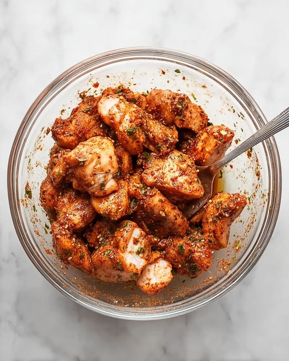 A clear glass bowl filled with raw chicken pieces coated in reddish-brown spices and herbs, giving the meat a textured look with specks of green herbs scattered throughout. The chicken pieces are layered unevenly, some larger chunks on top and smaller ones beneath. A silver spoon rests inside the bowl, slightly submerged among the chicken. The bowl is placed on a white marbled surface. Photo taken with an iphone --ar 4:5 --v 7
