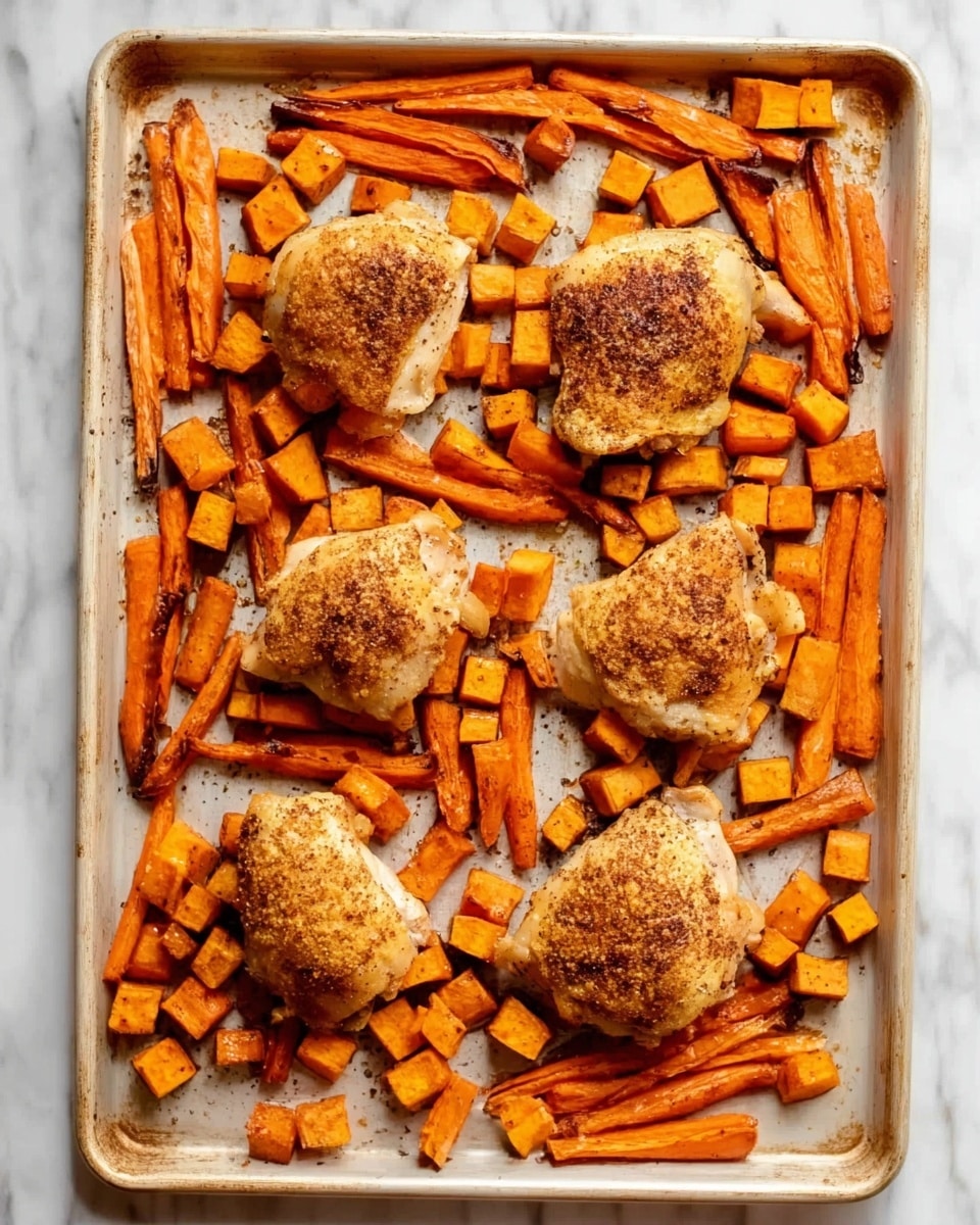 A white baking tray filled with four pieces of golden-brown cooked chicken thighs placed around the center in a scattered pattern. Surrounding the chicken are many bright orange carrot sticks and small orange cubed sweet potatoes spread evenly across the tray. The texture of the chicken skin looks crispy with visible seasoning, while the carrots and sweet potatoes have a roasted appearance with slight browning on edges. The tray is on a white marbled surface. photo taken with an iphone --ar 4:5 --v 7