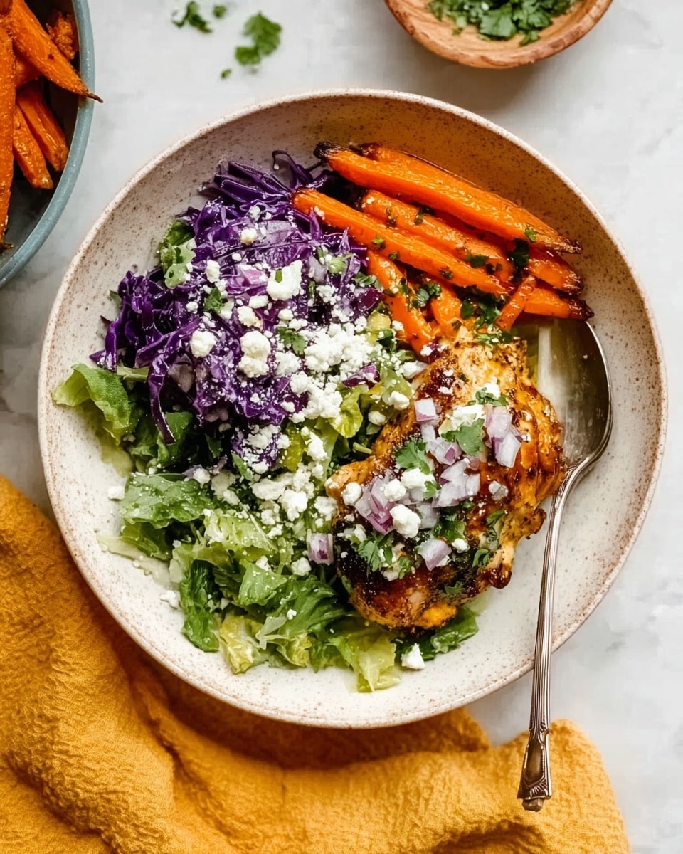 A round white plate holds a colorful dish with four main layers. Starting on the bottom left, there are orange roasted carrot sticks resting next to a single piece of grilled golden-brown chicken thigh, topped with small bits of white cheese and green herbs. On the top left side, there is a serving of finely shredded purple cabbage mixed with bright green leafy salad. A layer of white cheese crumbles is sprinkled over the salad and chicken. A silver spoon rests inside the plate near the cabbage. The plate is on a white marbled surface with a yellow cloth nearby and parts of other dishes blurred in the background. Photo taken with an iphone --ar 4:5 --v 7