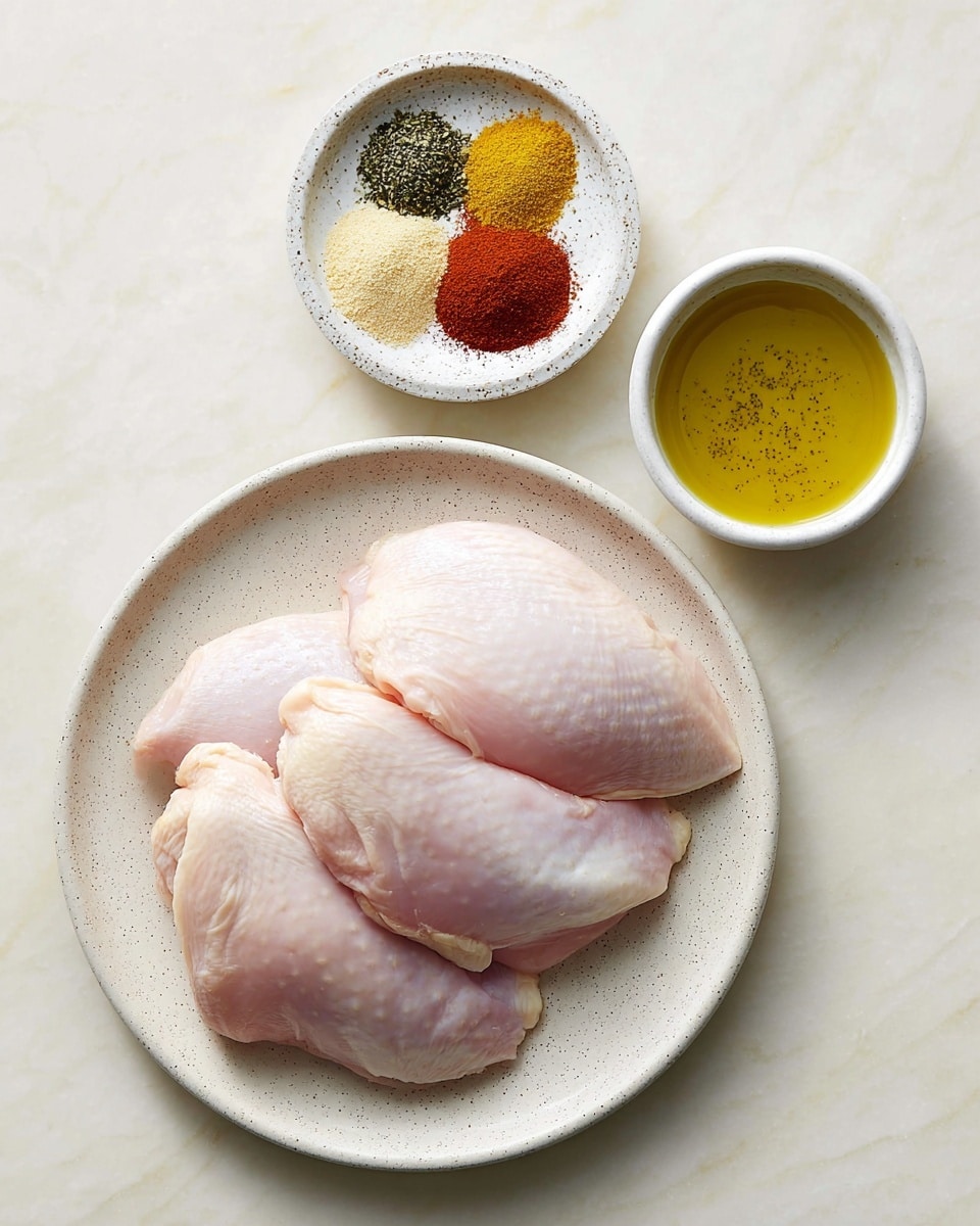 A white speckled plate holds four raw, pale pink chicken pieces with smooth, slightly shiny skin, arranged overlapping each other. Above it, a small white speckled bowl contains seven different spices arranged in neat sections: light yellow, green, ground yellow, black pepper and salt mix, dark red, and bright orange powders. To the right, a white bowl filled with golden yellow oil with visible specks of seasoning rests on a white marbled surface. photo taken with an iphone --ar 4:5 --v 7