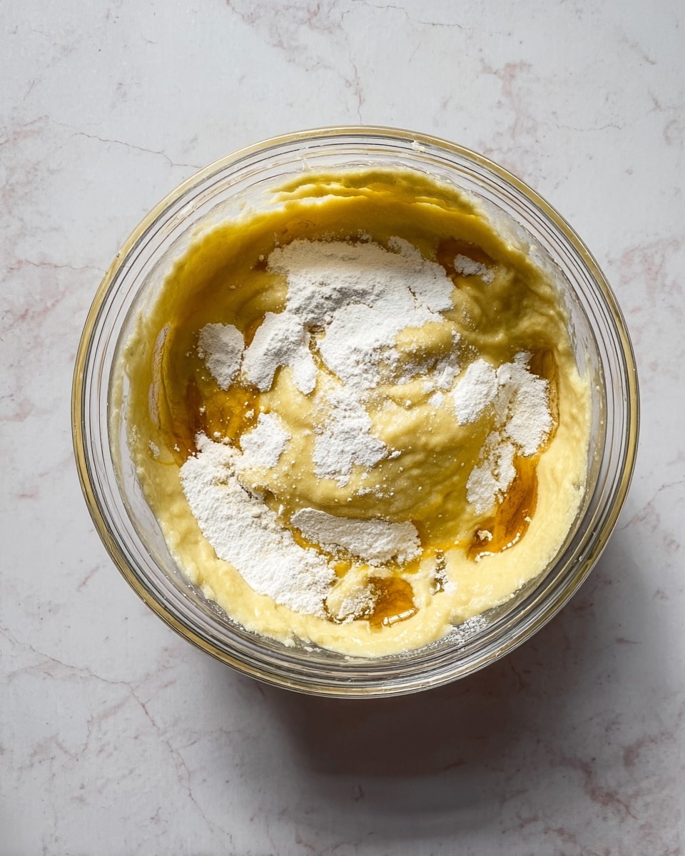 A clear glass bowl holds a layered mix of ingredients seen from above. The first visible layer is a thick, yellowish puree with a smooth and creamy texture, spread unevenly inside the bowl. Over it are several patches of white powder sprinkled softly, sitting on top of the puree. Around these, some golden-brown liquid pools add a glossy shine and slight depth. The bowl is set on a white marbled surface. photo taken with an iphone --ar 4:5 --v 7
