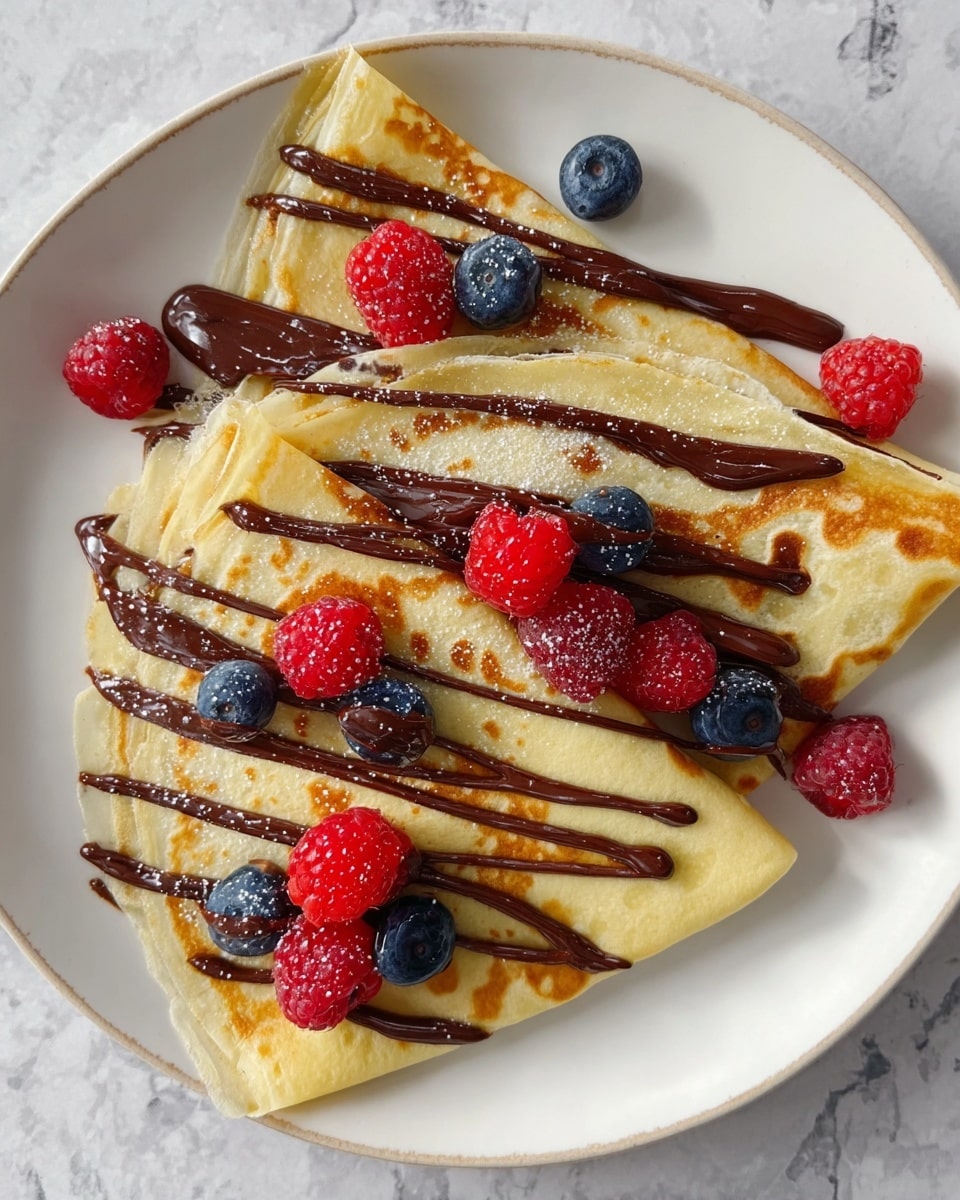 A white plate holds two crepes folded into triangles, stacked with one slightly over the other. The crepes are pale yellow with light brown spots showing their cooked texture. Thin, wavy lines of rich chocolate sauce drip over the top of both crepes. Scattered around and on the crepes are fresh raspberries, deep red in color with bumpy texture, and round blueberries with a dark blue hue. The plate sits on a white marbled surface. photo taken with an iphone --ar 4:5 --v 7