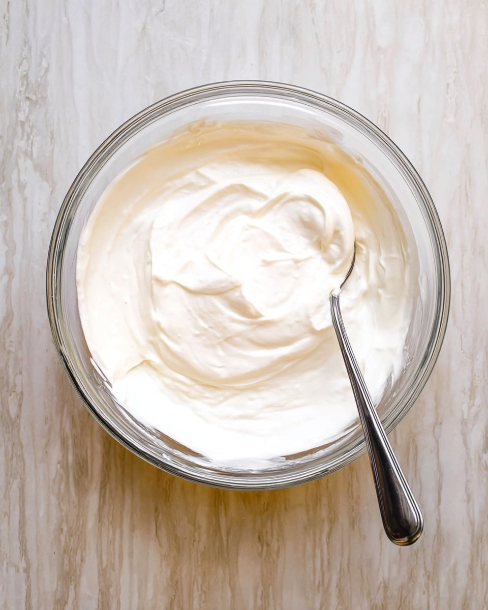 A clear glass bowl filled with a smooth, creamy white mixture that has a slightly thick texture, with soft swirls visible on the surface. Inside the bowl, there is a silver spoon resting on the right side, partially dipped into the mixture. The bowl is placed on a white marbled texture surface. photo taken with an iphone --ar 4:5 --v 7