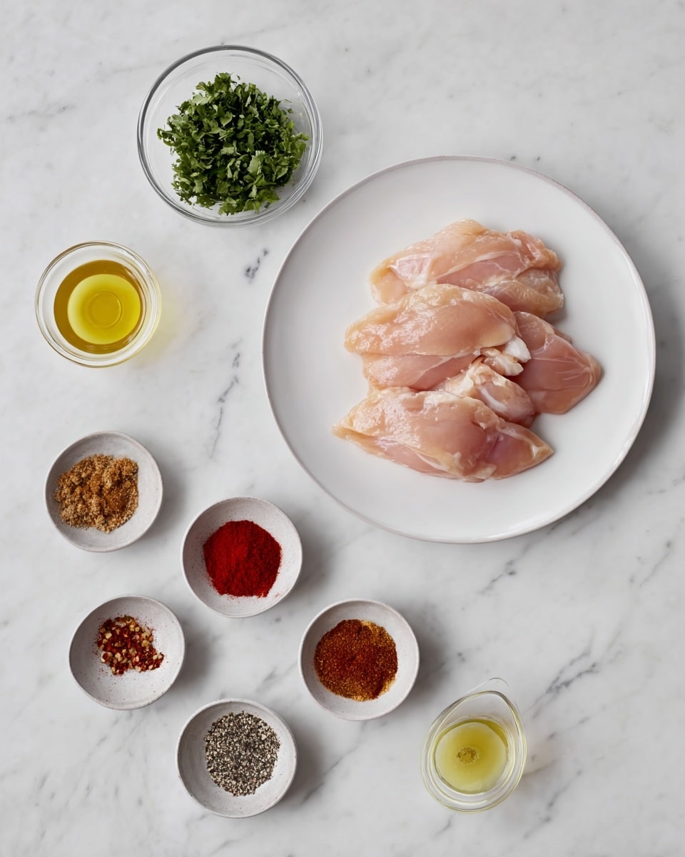 A white plate holds five raw, light pink chicken pieces placed slightly overlapping on the right side. To the left, a small clear glass bowl contains green chopped herbs. Below that and arranged in a loose curved line are seven small white or gray bowls, each holding different spices and liquids: one with a pale yellow liquid, one with bright red powder, one with a darker brown powder, one with mixed crushed brown spices, one with a red paste, one with black and white salt and pepper mix, and one with yellow oil in a transparent small container. All items are placed on a white marbled surface with subtle gray veins. photo taken with an iphone --ar 4:5 --v 7