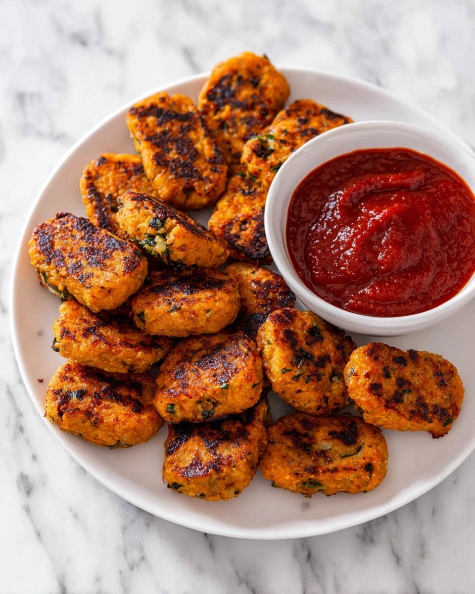 A white plate holds about twenty small, rectangular, golden-brown patties with some dark green flecks inside. The patties have a slightly crispy texture with some charred spots on top. On the right side of the plate, there is a white bowl filled with thick, bright red sauce that looks smooth but has some lumps. The plate sits on a white marbled surface. photo taken with an iphone --ar 4:5 --v 7