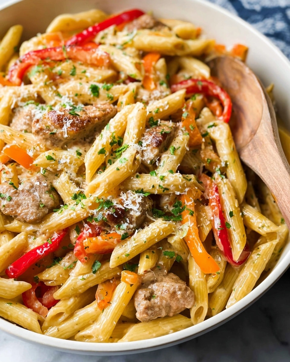 A close-up view of creamy pasta in a white bowl, with three main layers: the penne pasta forms the base layer and has a smooth, slightly shiny yellow color; the middle layer shows brown pieces of meat mixed evenly with red and orange bell pepper strips; the top layer is sprinkled with finely chopped green parsley and grated white cheese, adding specks of texture and color contrast. The pasta is lightly coated with a creamy sauce, and a wooden spoon is partially inserted into the dish, resting on the left side. The bowl is placed on a white marbled surface. photo taken with an iphone --ar 4:5 --v 7