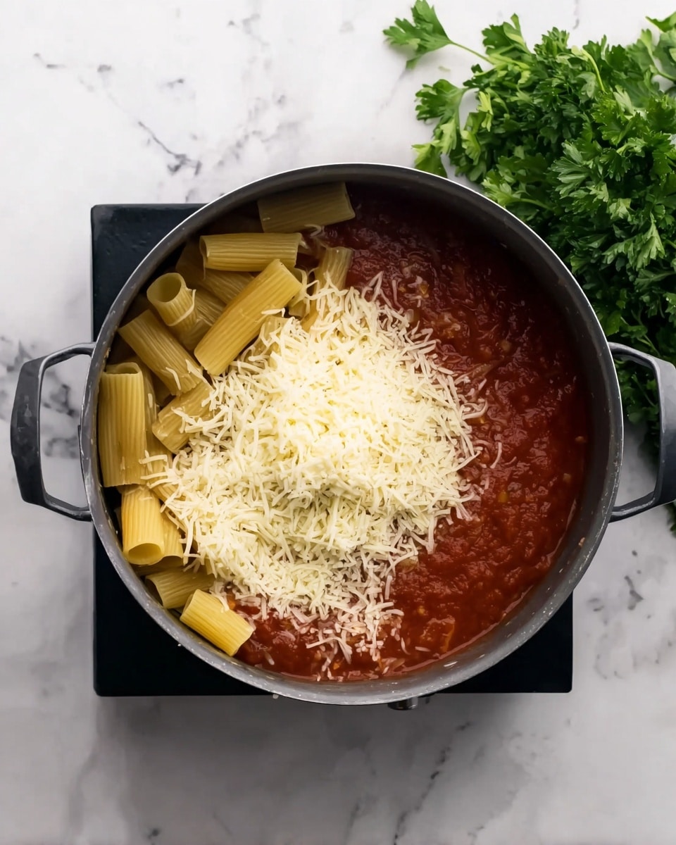 A black pot sits on a black stove placed on a white marbled surface, filled with three main layers: rigatoni pasta on the left side, smooth red tomato sauce covering most of the pot's surface, and a large mound of shredded white cheese in the center-right. To the top right of the pot, a bunch of fresh green parsley leaves lies on the white marbled surface. Photo taken with an iphone --ar 4:5 --v 7