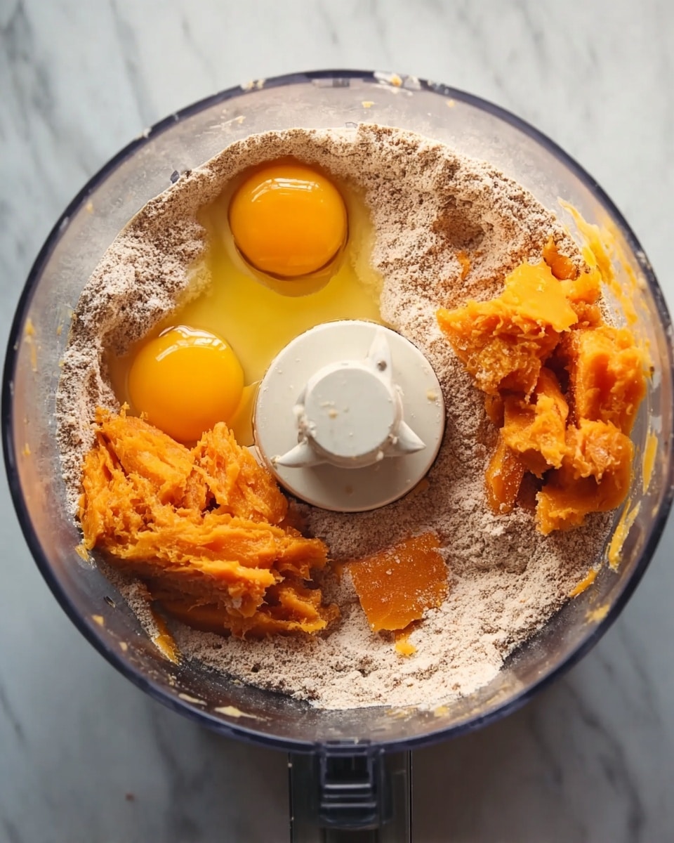 The image shows a food processor bowl with ingredients inside. There is one layer of light brown dry flour spread around the sides and bottom. Two whole raw eggs with shiny yellow yolks are placed near the center. Next, there are bright orange chunks of cooked pumpkin placed in three spots around the eggs. The food processor bowl is clear with a white blade cap in the center. The background is a white marbled surface. photo taken with an iphone --ar 4:5 --v 7